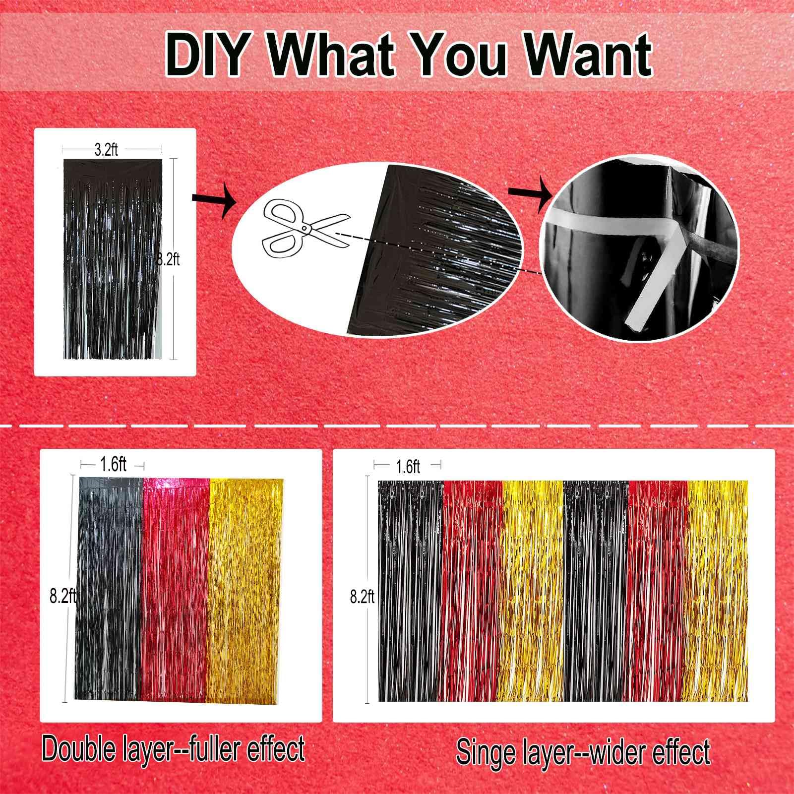 Eufars Party Decorations - 3 Pack Of 3.2X8.2Ft Red Black Gold Tinsel Fringe Backdrop Streamers Curtains For Red Black Gold Party