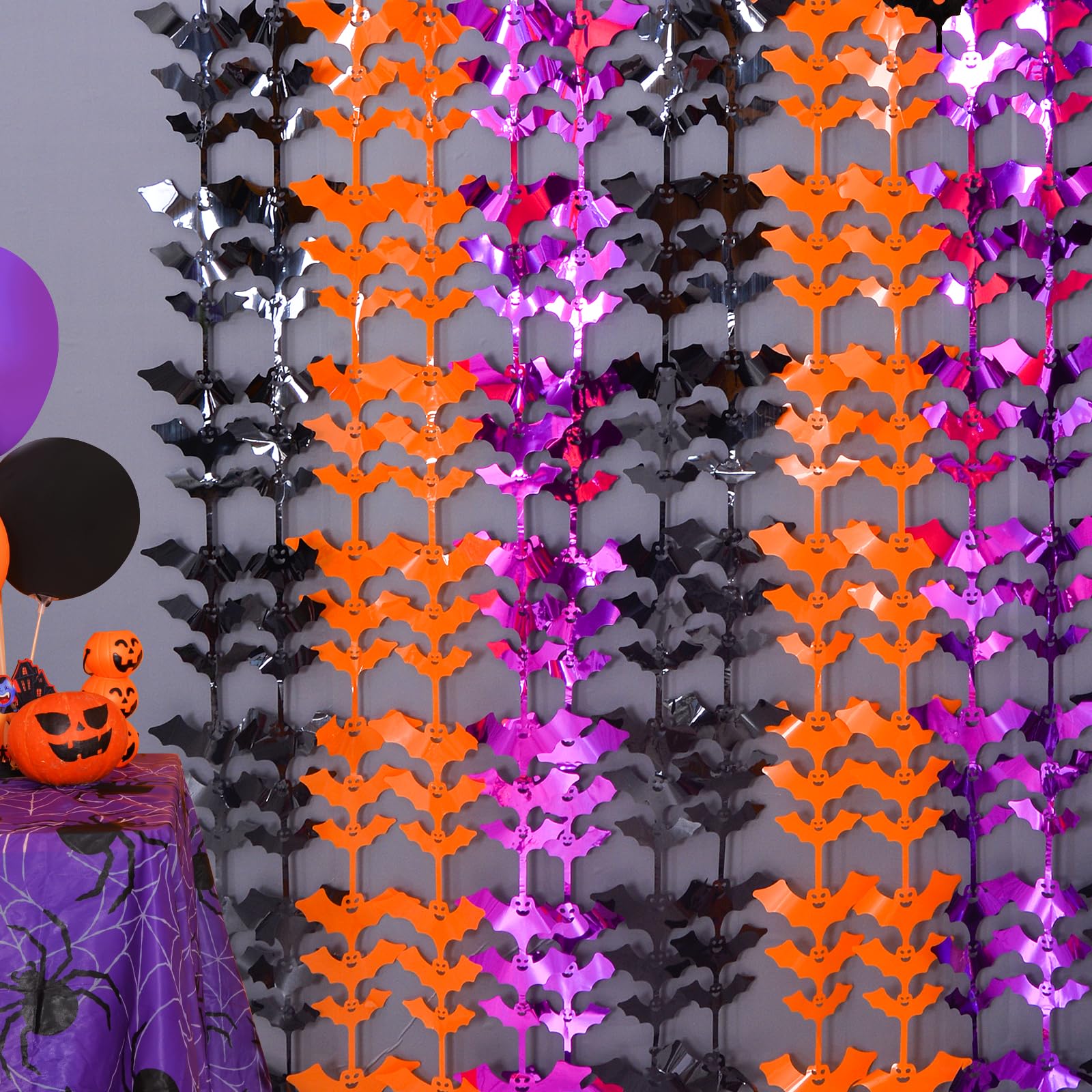 Lolstar Halloween Party Decoration, 2 Pack Black Orange And Purple Bat Photo Booth Props, 3.3 X 6.6 Ft Halloween Foil Fringe Cur