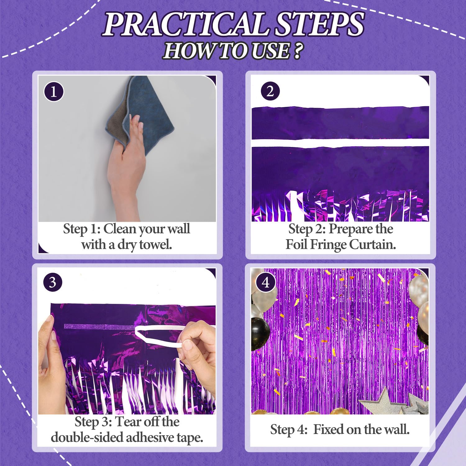 Decockrat 3 Pack Foil Fringe Backdrop   Purple Shiny Tinsel Curtains For Party Decoration/Photo Booth Props   3.3X8.2 Ft Metalli
