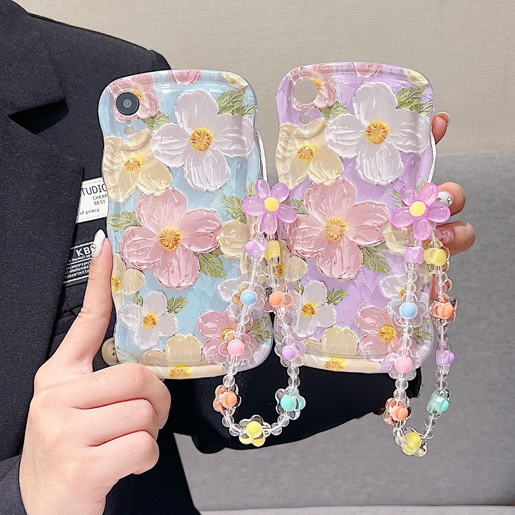 For Iphone Xr Curly Wavy Case, Cute Colorful Retro Oil Painting Flower Glossy Pattern [With Bead Chain], Slim Fit Shockproof Pro