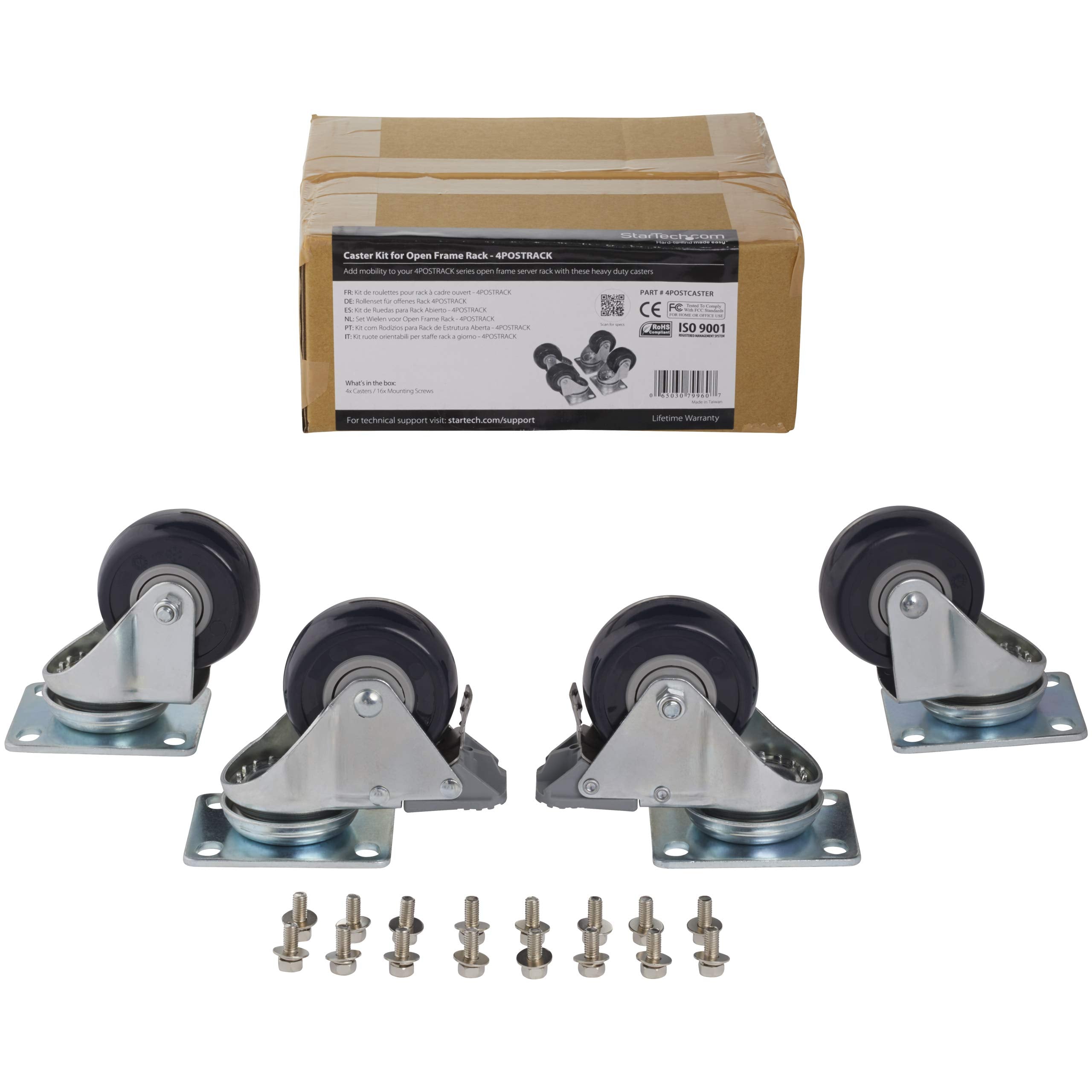 StarTech.com 4 Piece Caster Kit for Open Frame Rack   TAA Compliant Heavy Duty Casters   Includes Installation Hardware (4POSTRACK)