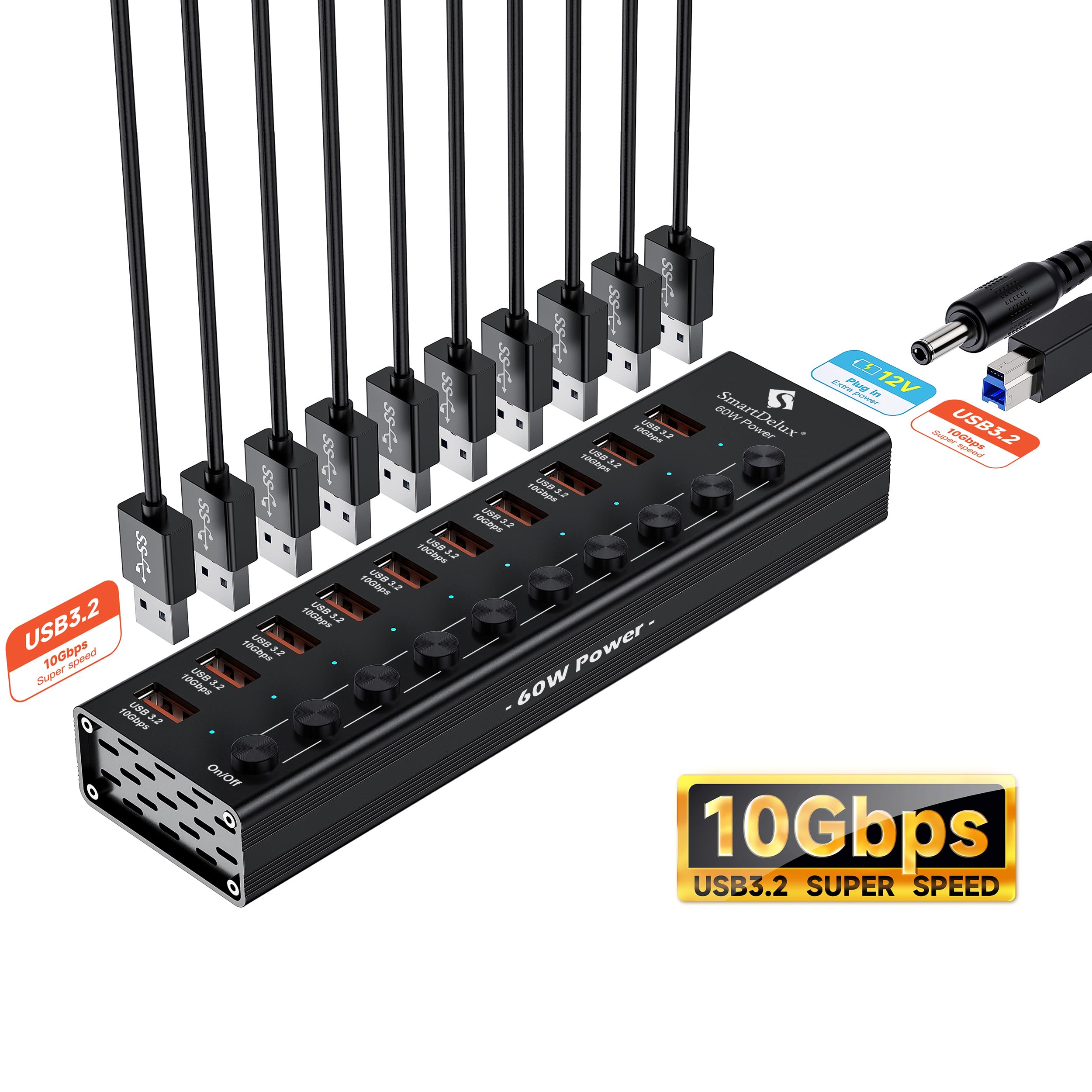 Powered Usb 3.2 To Type A, Type C Hub, Smartdelux 10Gbps 10 Port Adapter, Individual Led Switches End High Speed Data Transfer,