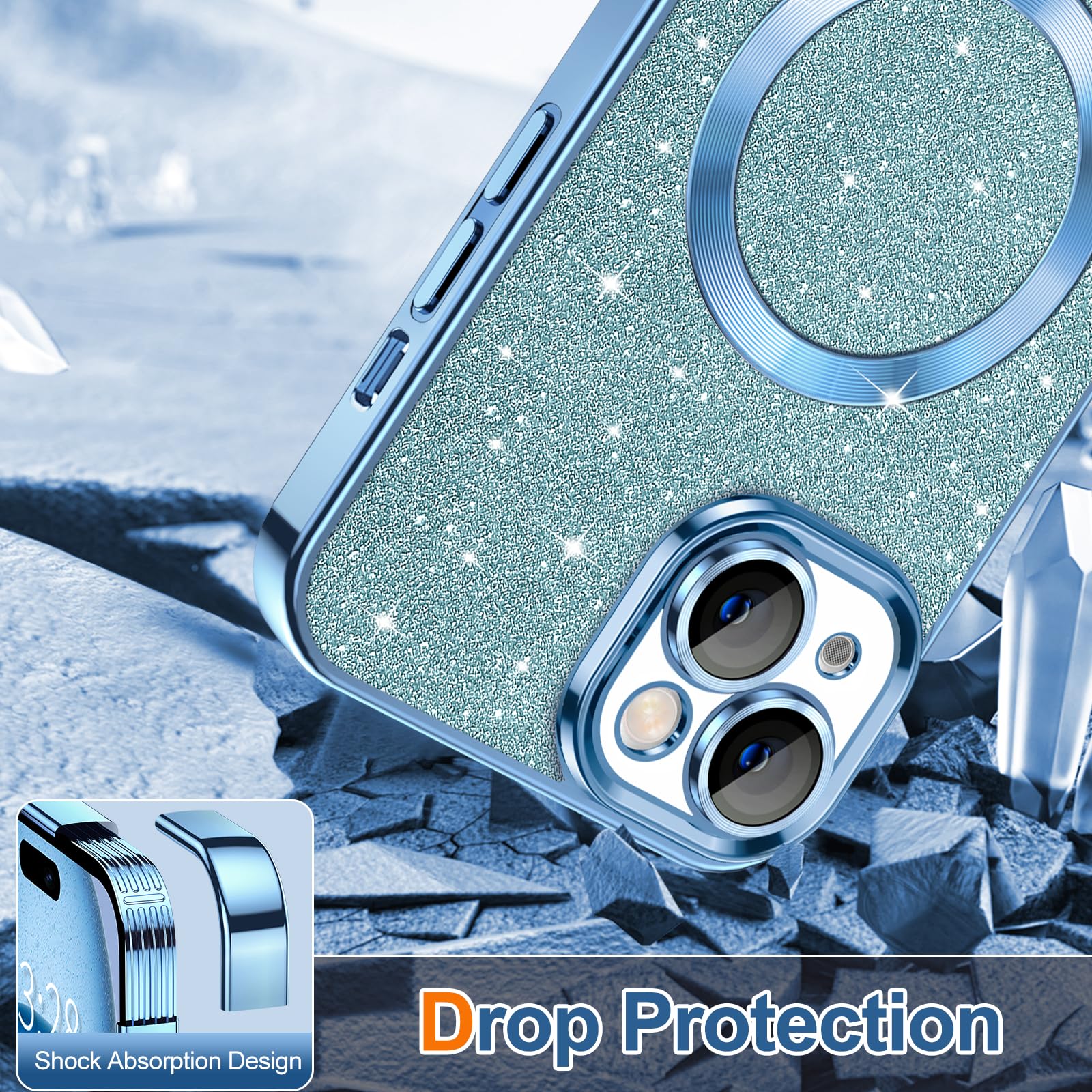 Hython For Iphone 15 Plus Case Glitter, Clear Magnetic Phone Case With Camera Lens Protector [Compatible With Magsafe] Bling Spa