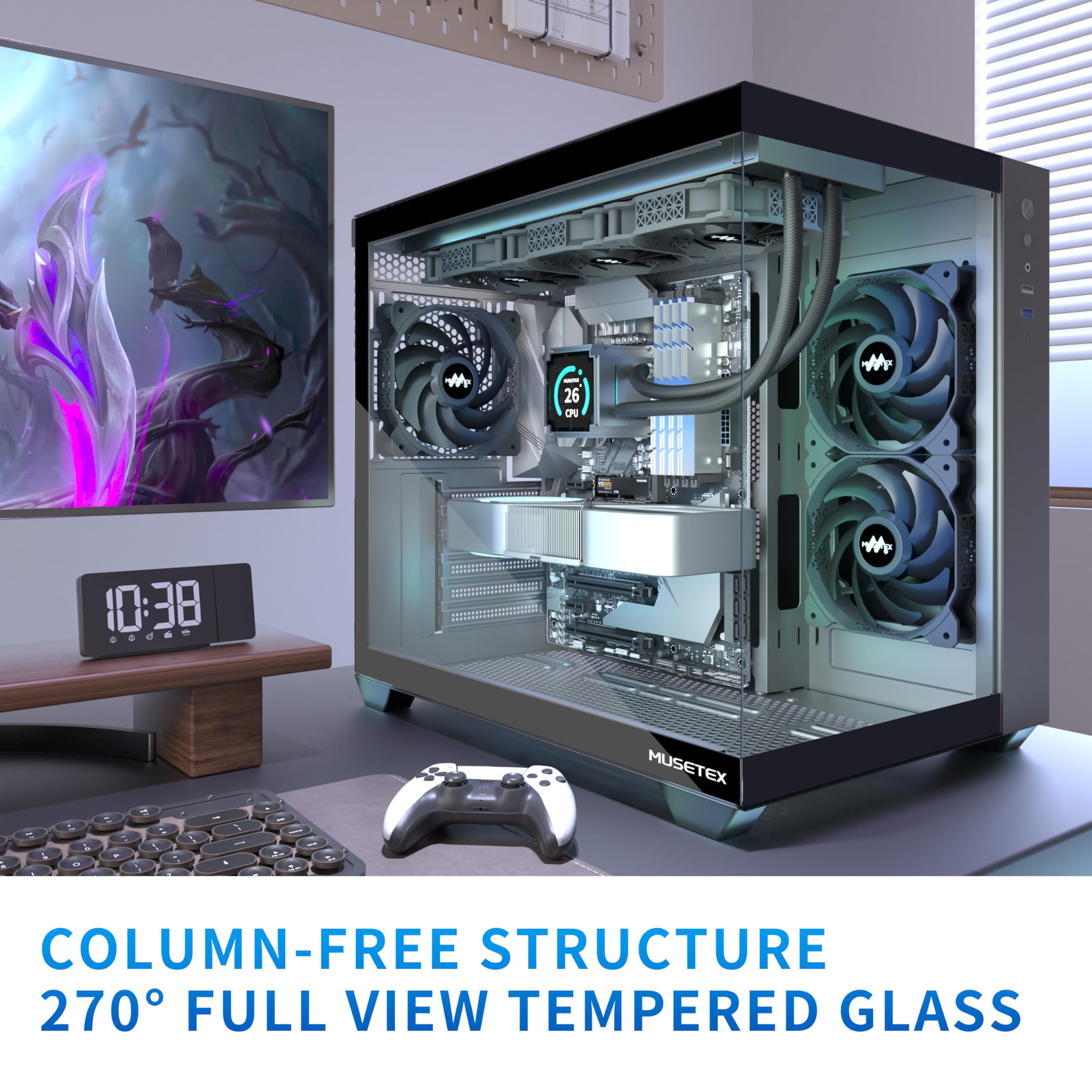MUSETEX ATX PC Case - 3 x 120mm Fans, 360MM RAD Support, Tempered Glass, Mid Tower, Large Size, Black
