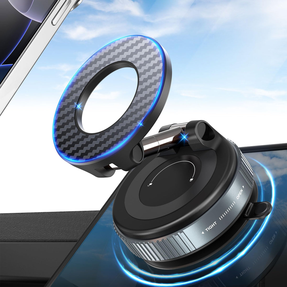 Plusacc Vacuum Magnetic Phone Holder For Car - Suction Cup Phone Mount 360 Rotatable Foldable Portable Strong Magnet Stand For I