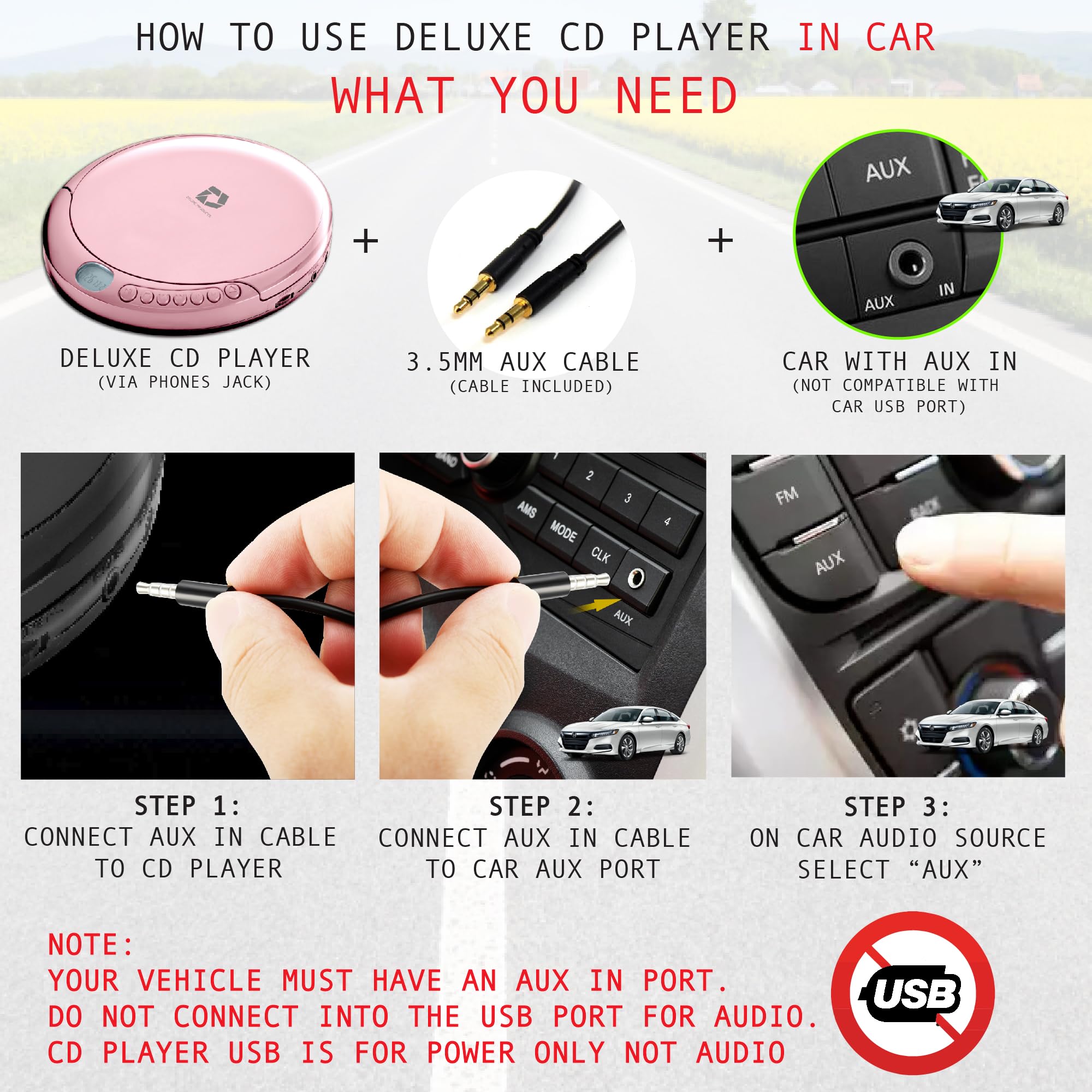 Deluxe Products Portable CD Player with 60s Anti-Skip, Stereo Earbuds, Aux Cable, Model DP-PCD-001-PK, Pink