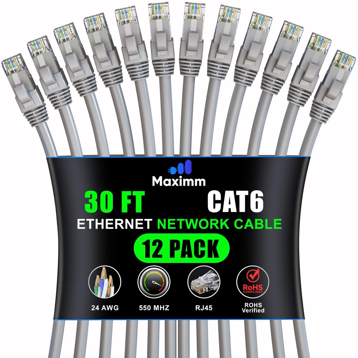 Maximm Cat 6 Ethernet Cable 30 Ft (12 Pack)   High Speed Lan Cable, Internet Cable, Patch Cable, And Network Cable   Utp, 10Gbps, 550Mhz Ethernet Cord   Gray
