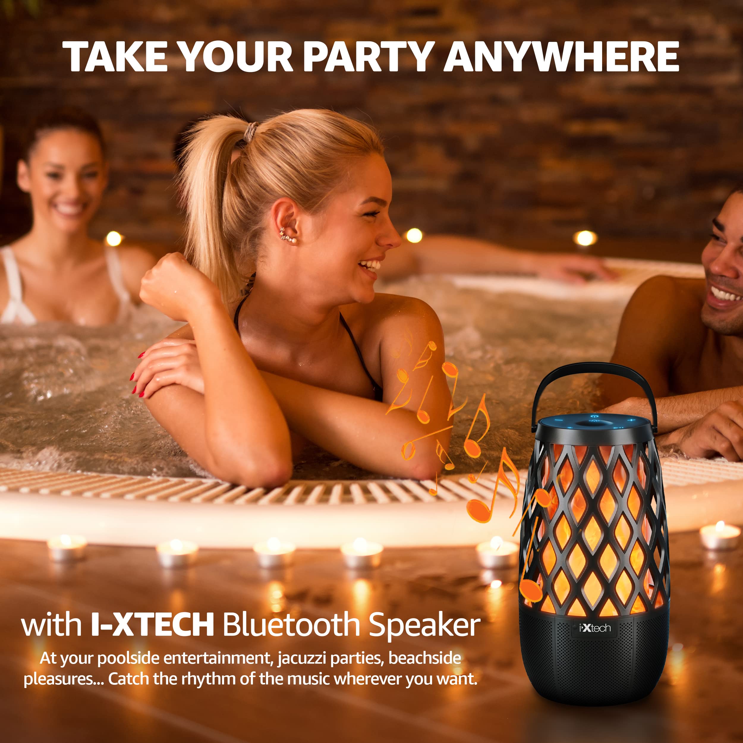 Ixtech Outdoor Bluetooth Speaker Waterproof Wireless With Led Flame Light, Shower Bluetooth Speaker For Camping Patio Home Decor