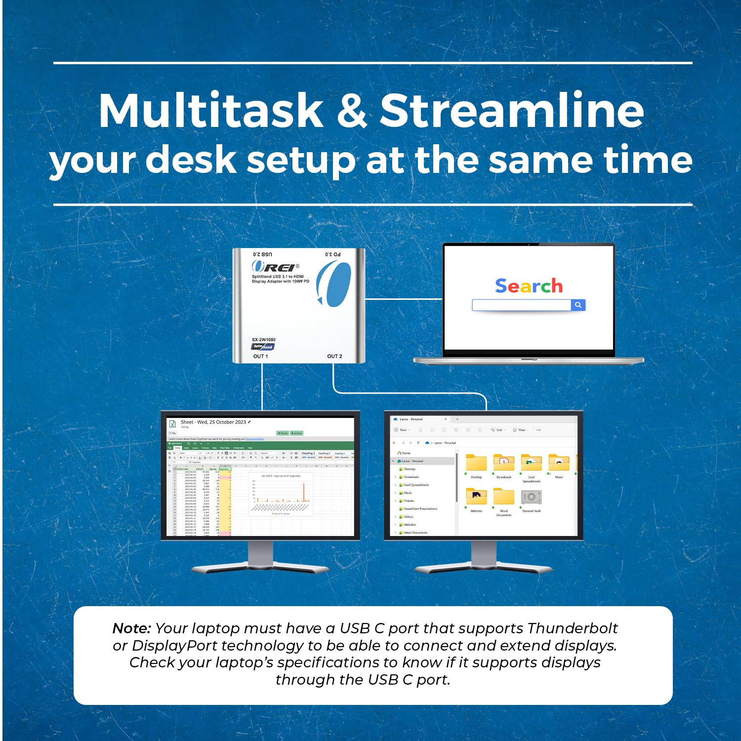 Orei Splitextend Hdmi Splitter Extended Display For Windows Only Dual Monitor - Multi-Monitor Display 3 Separate Screens - Usb-C