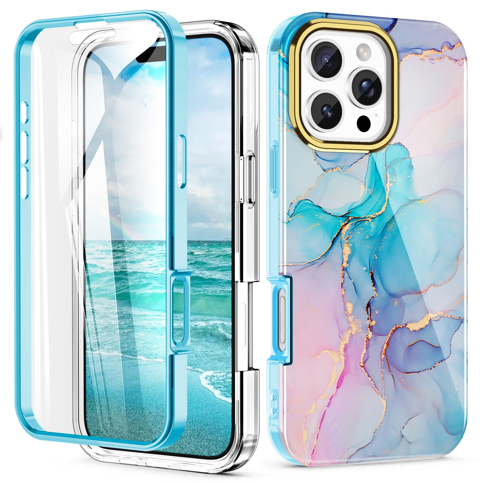 Turquiase Cute Marble Case For Iphone 16 Pro Max 6.9 Inch Built With Screen Protector, Lightweight And Stylish Full Body Shockpr