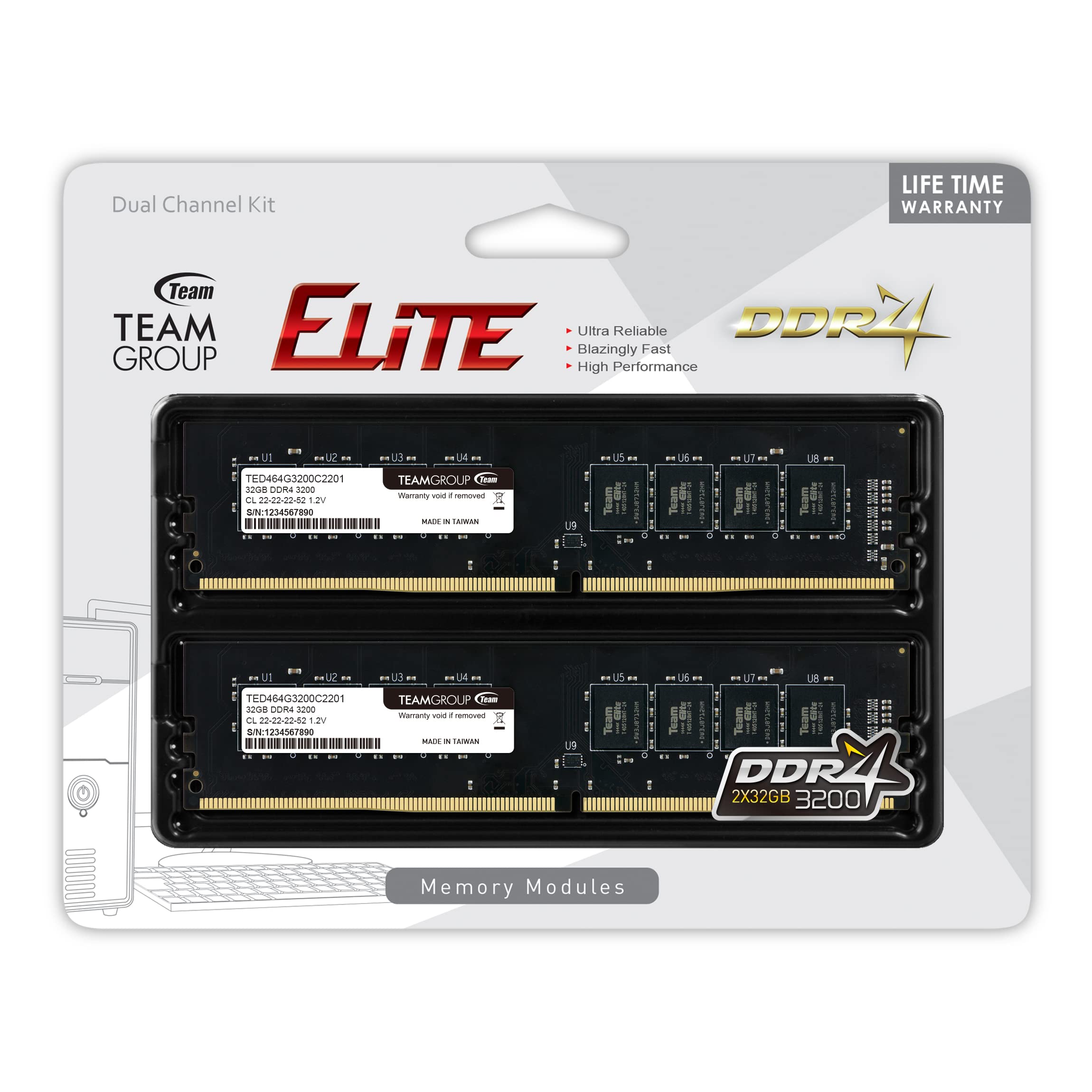 Teamgroup Elite Ddr4 64Gb Kit (2 X 32Gb) 3200Mhz (Pc4 25600) Cl22 Unbuffered Non Ecc 1.2V Udimm 288 Pin Pc Computer Desktop Memo