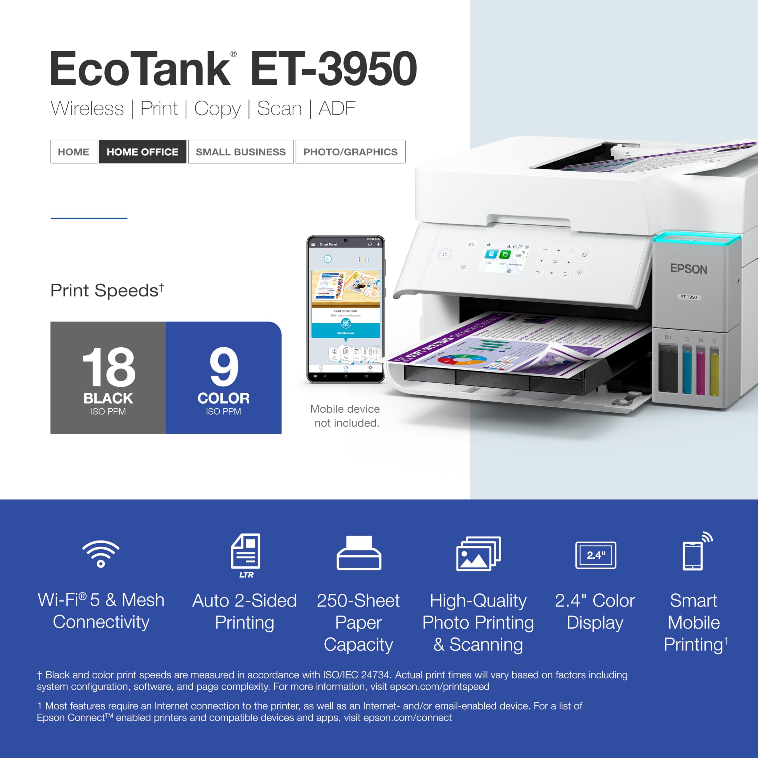 Epson Ecotank Et-3950 Wireless All-In-One Color Supertank Printer With Up To 3 Years Of Ink, Refillable Tanks, Perfect For Home