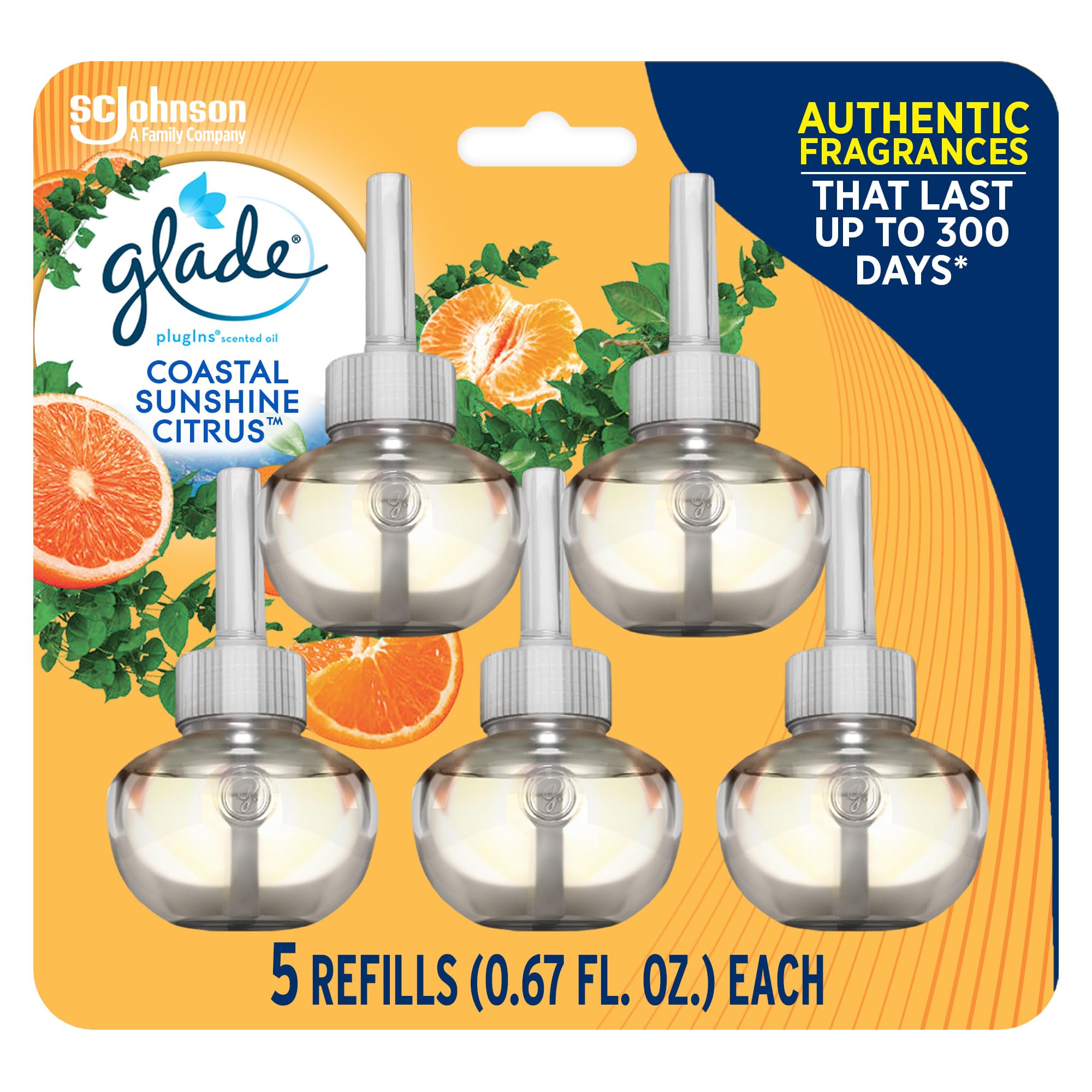 Glade Plugins Refills Air Freshener, Scented And Essential Oils, Coastal Sunshine Citrus, 3.35 Fl Oz X 5 Glade Plugins Scented O
