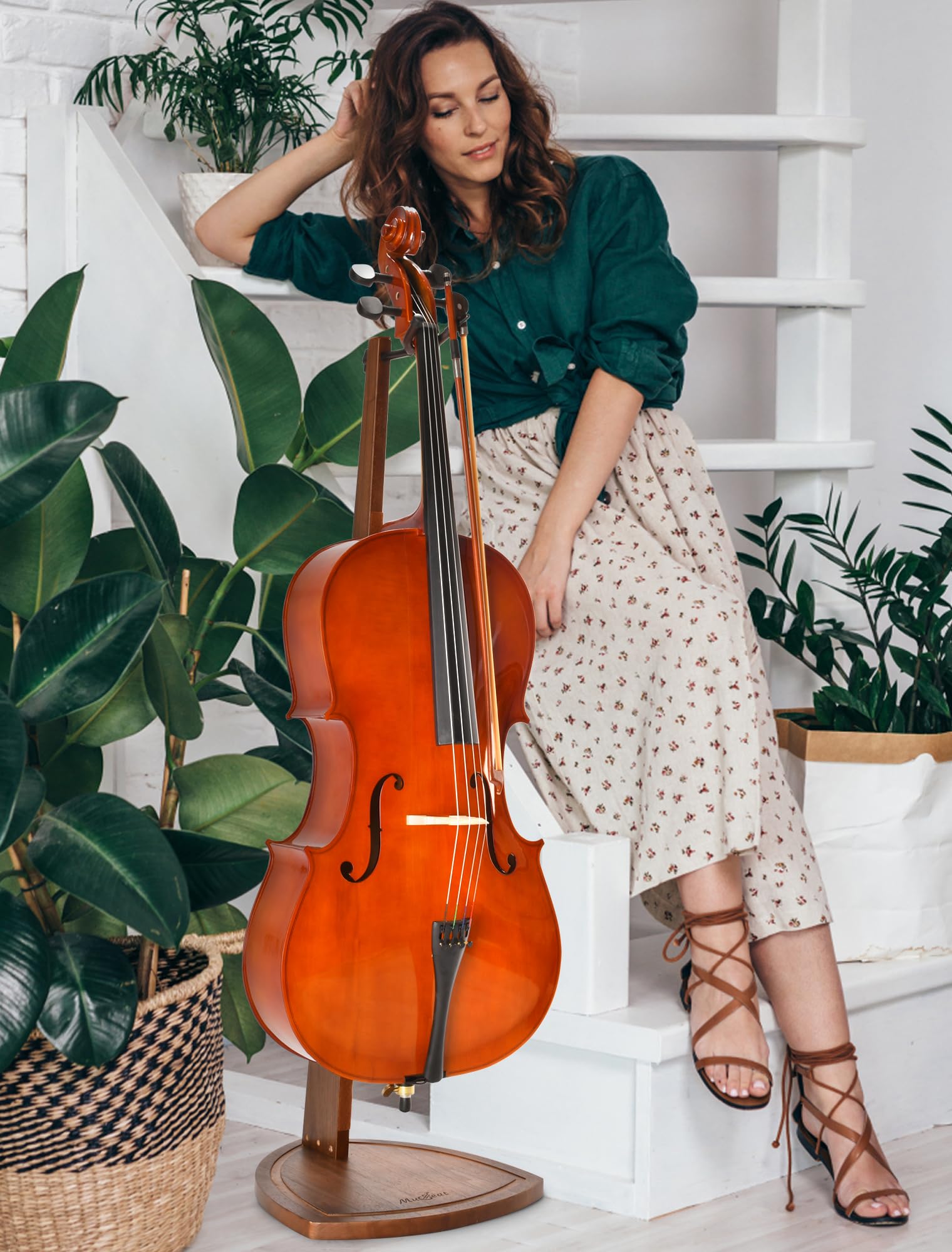 Musbeat Cello Stand With Bow Holder, Handcrafted Walnut Wood Floor Stand For 4/4 Full-Size And 1/2, 1/4, 3/4, 1/8, 7/8, Cello Ho