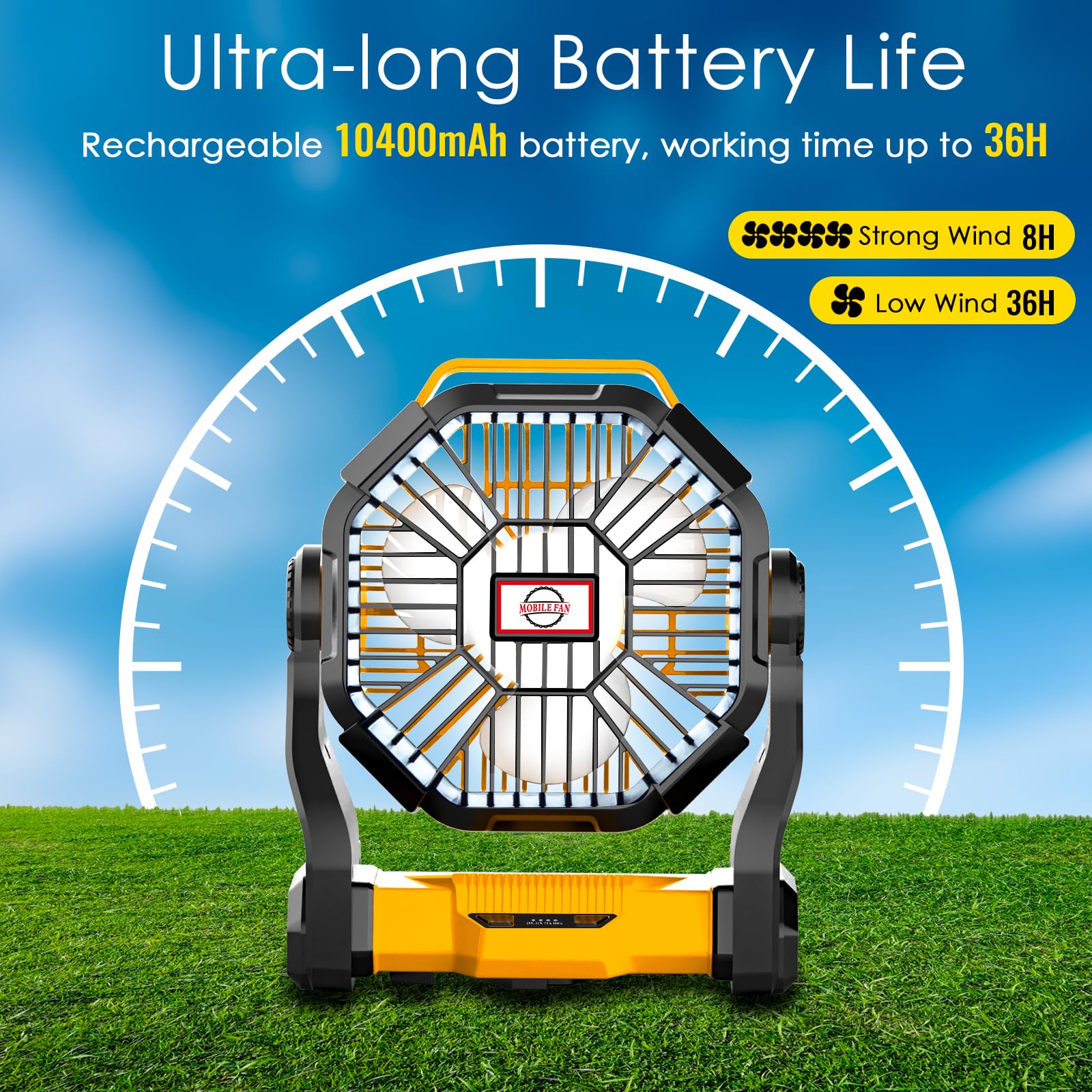 Sendowtek Portable Battery Fan With Led Light, 10400Mah Quiet Rechargeable Tent Fan With Hanging Hook 4 Speed Small Usb Battery