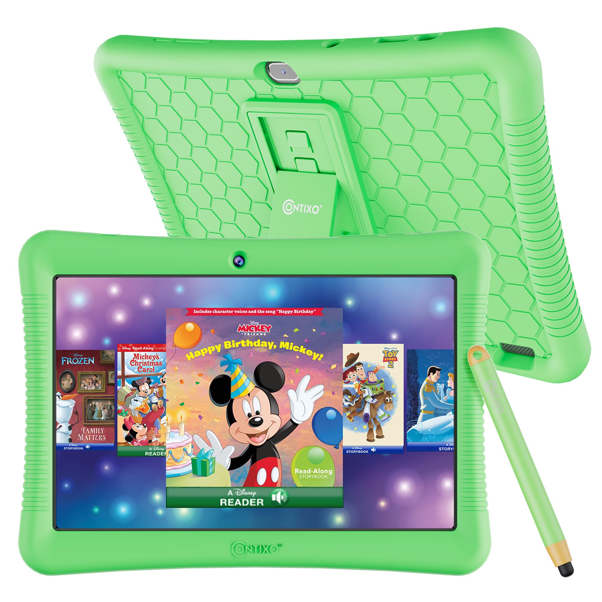 Contixo 10' Android Kids Tablet 32Gb, Includes 80+ Disney Storybooks & Stickers, Parental Controls, Kid Proof Case With Kickstand & Stylus, (2024 Model)   Green