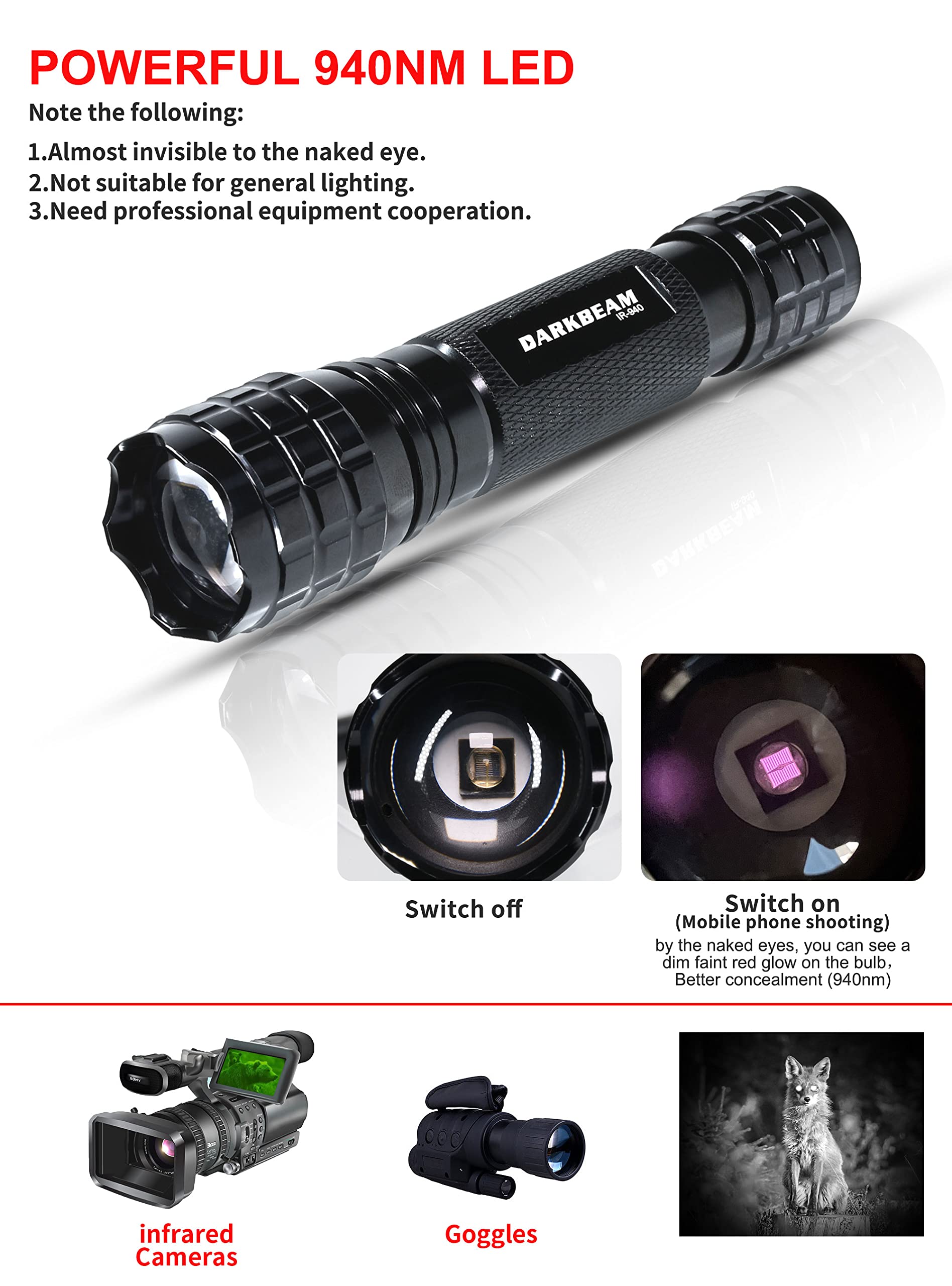 Darkbeam Ir Flashlight Infrared 940Nm Lights Led Mini For Night Vision, Rechargeable Portable Tactical Ir Illuminator Torch, Foc