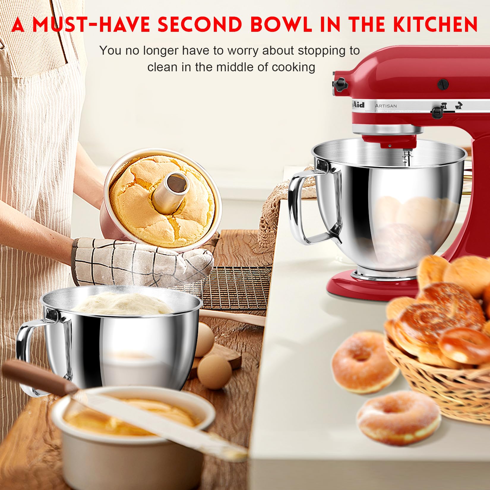 Ggc Stainless Steel 5Qt Mixing Bowl With Handle, Compatible With Kitchenaid 4.5 5 Quart Tilt Head Stand Mixers, Multipurpose Kit