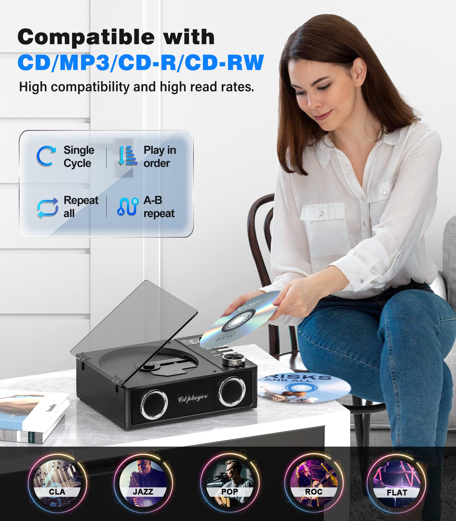 Portable Cd Player With Bluetooth 5.3, Greadio Cd Player With Speakers For Home, 4000Mah Rechargeable Retro Cd Music Player With