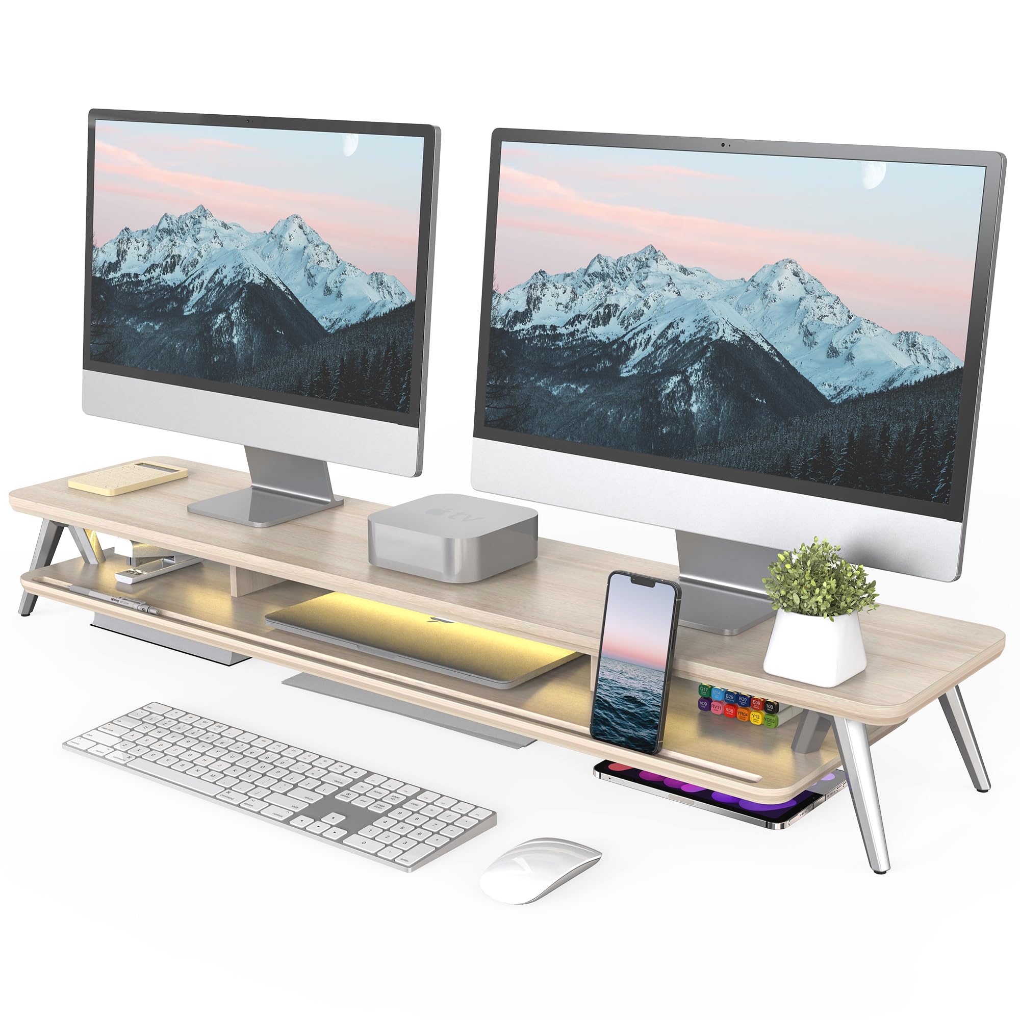 Fenge Dual Monitor Stand, Monitor Stands Riser For 2 Monitors, 42.5 Inch Monitor Stands Shelf With 12 Color Led Light For Office