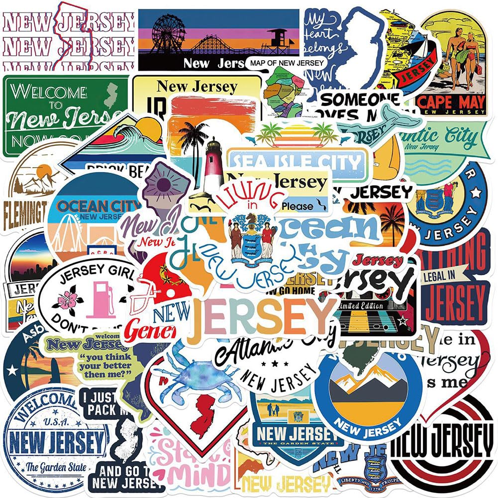 New Jersey Stickers |50Pcs New Jersey Waterproof Vinyl Decals For Water Bottles Laptop Luggage Cup Mobile Phone Computer Skatebo