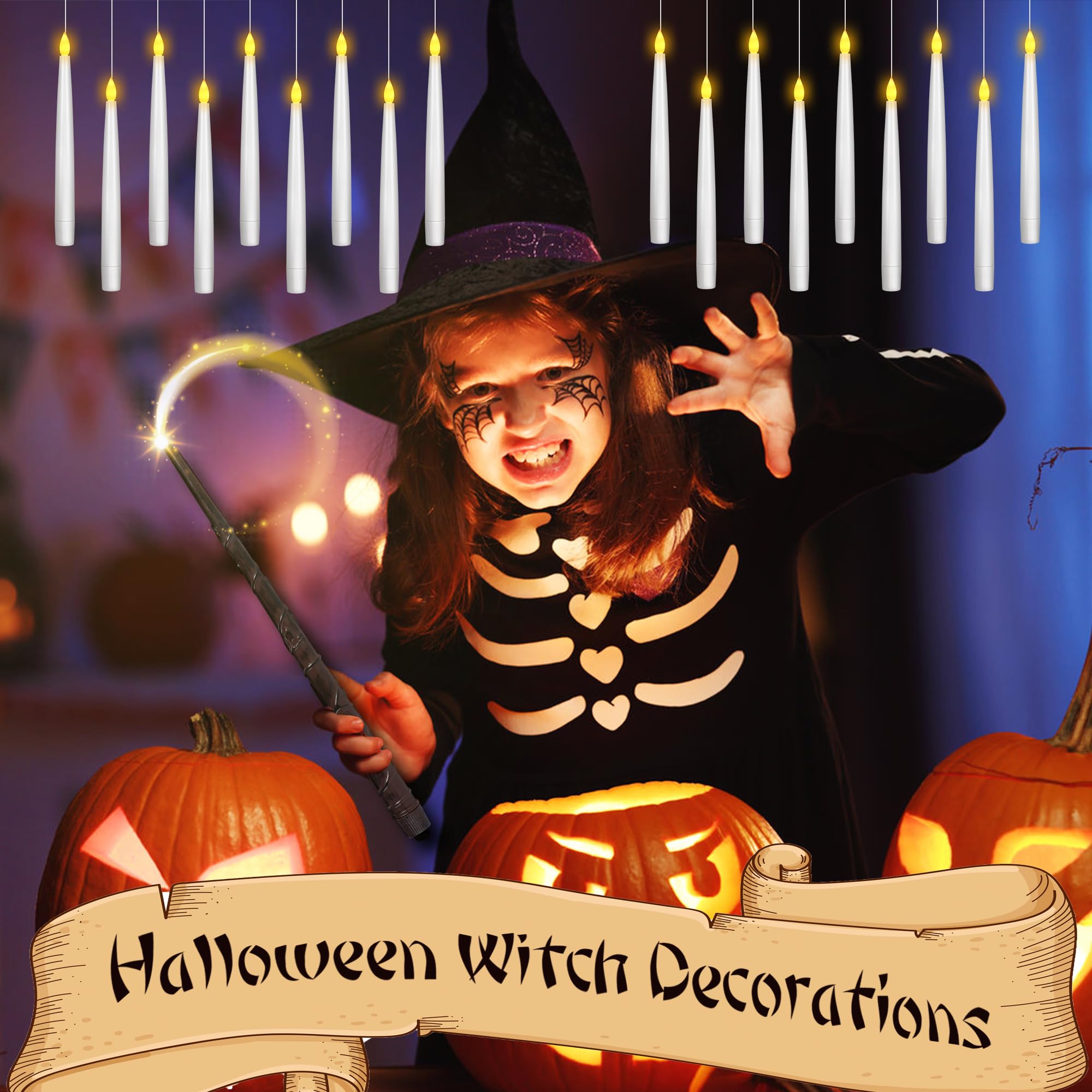 Halloween Decor Floating Candles With Wand, 20Pcs Magic Hanging Candles With Remote,6.9In Flameless Taper Led Candles Battery Op