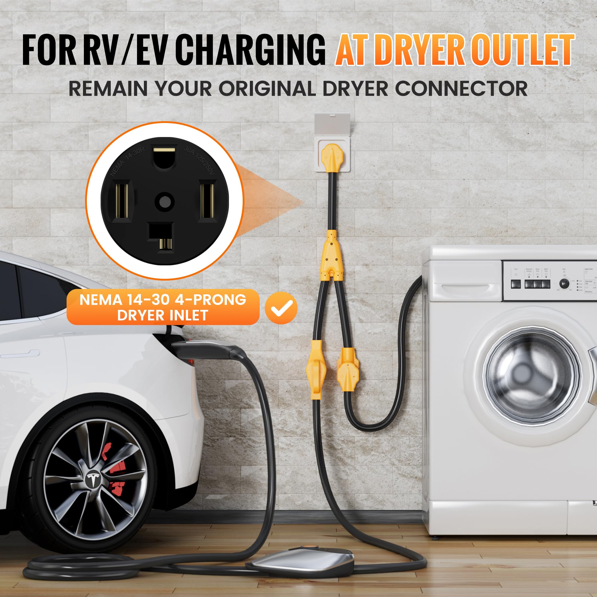 Mecmo 30 Amp Dryer Y Splitter To Rv/Ev, Nema 14 30P To 14 50R / 14 30R Splitter Power Cord Adapter, Dryer 4 Prong 30 Amp Y Adapt