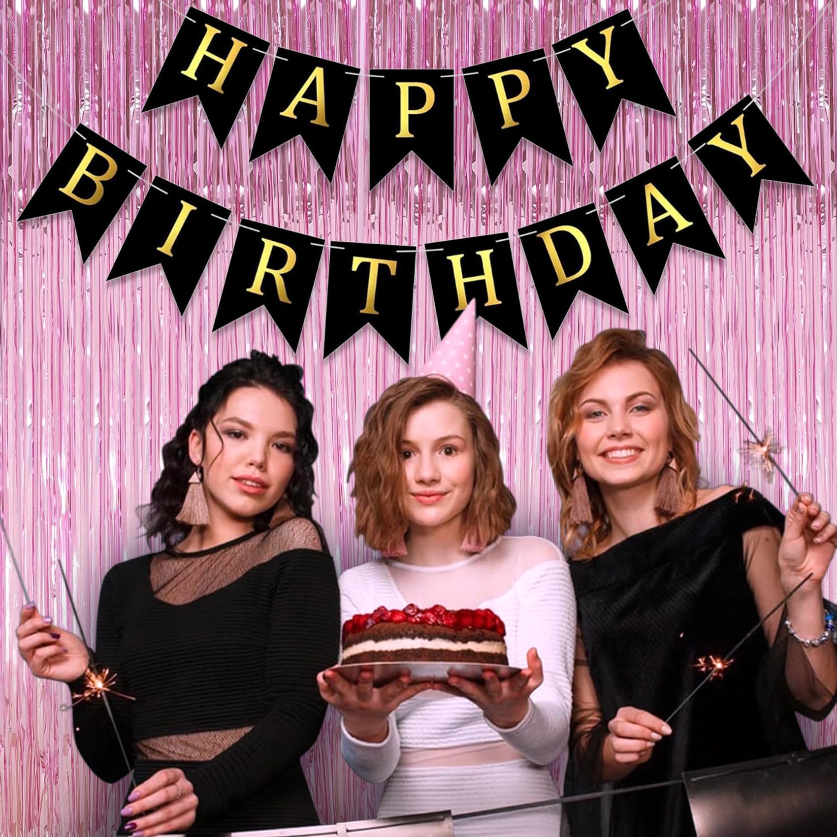 Tenlaitech Curtain Pink Foil Backdrop, 3 Pcs 3.3 X 9.9 Ft, For Galentines Day Decorations, Birthday, Graduation, Engagement Part