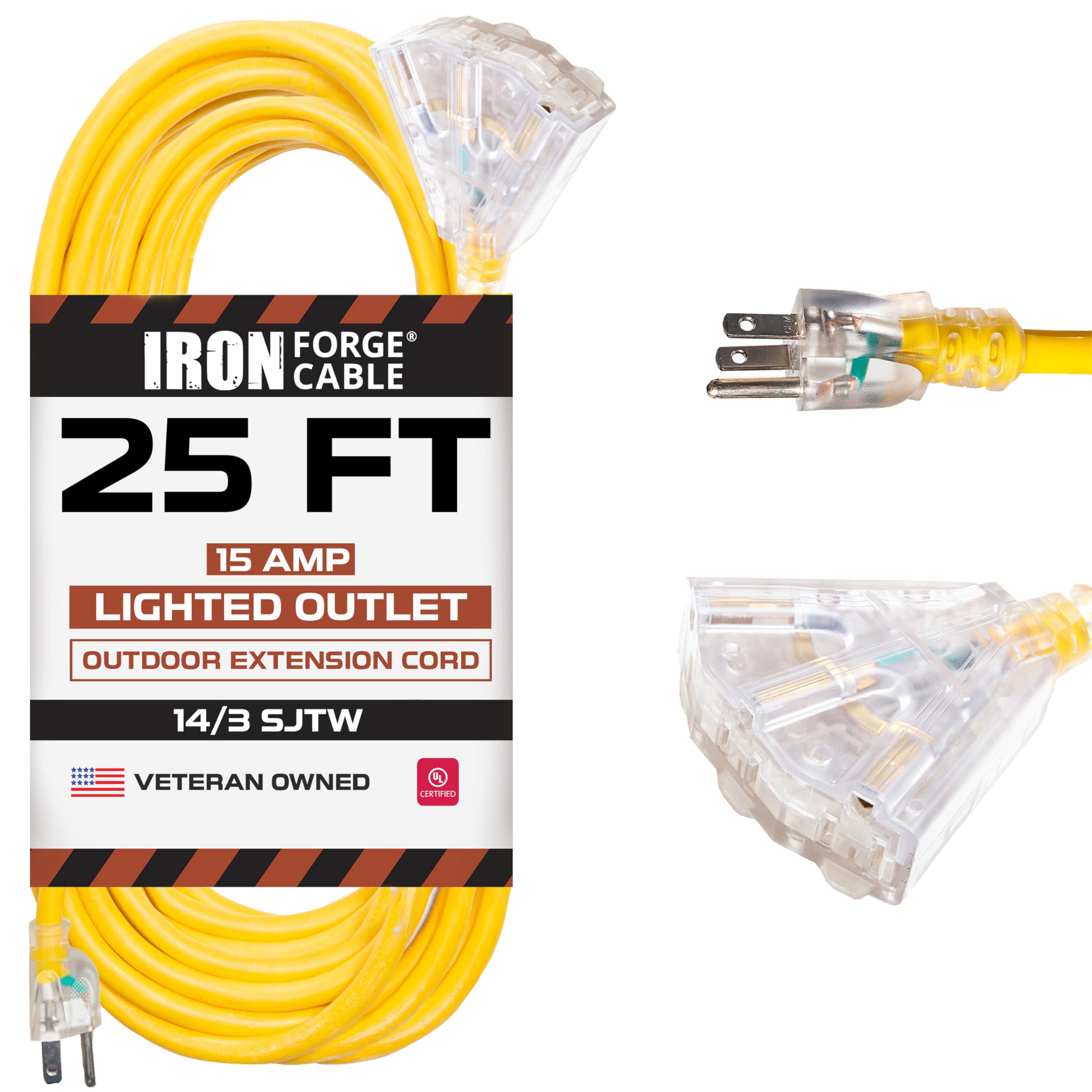 Iron Forge Cable 15 Amp Heavy Duty Extension Cord 25 Ft 3 Outlet, Sjtw 14 Gauge Extension Cord With Multiple Outlets 3 Prong, We