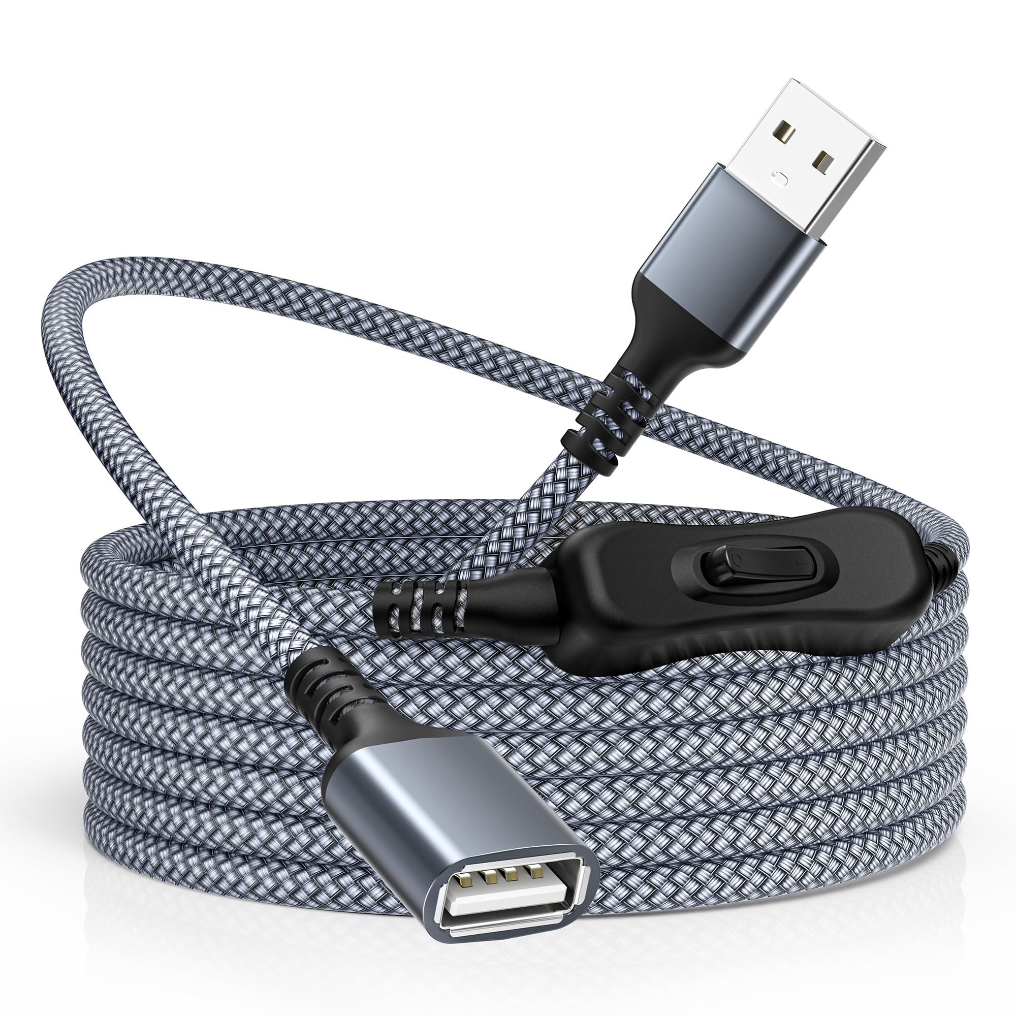 RUXELY USB Male to Female Extension Cable with On/Off Switch 6.6FT Gray