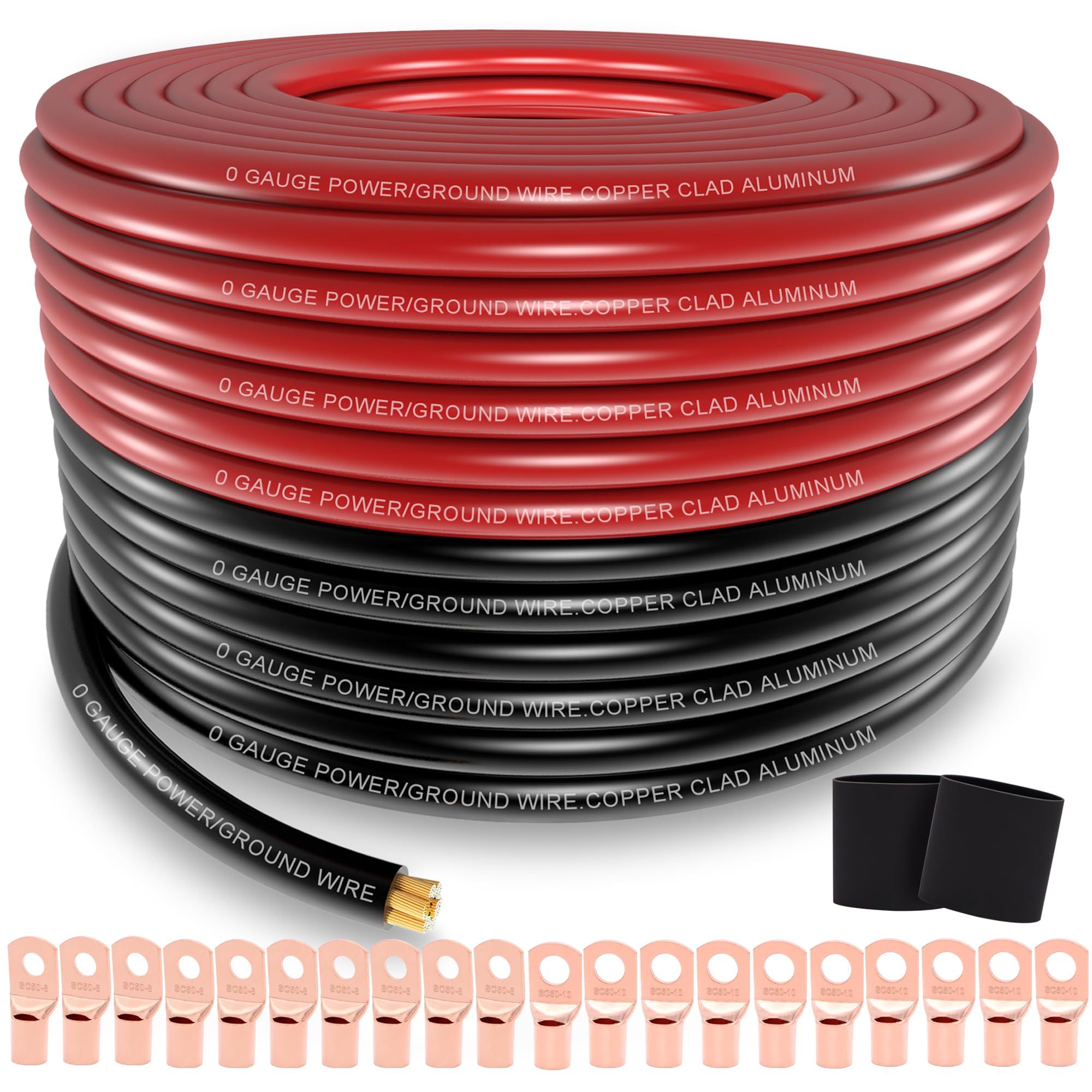 Awg 1/0 Gauge Wire (20 Feet Black+20 Feet Red) Copper Clad Aluminum Cca   Primary Automotive Wire Power/Ground,20Pcs Lugs Termin