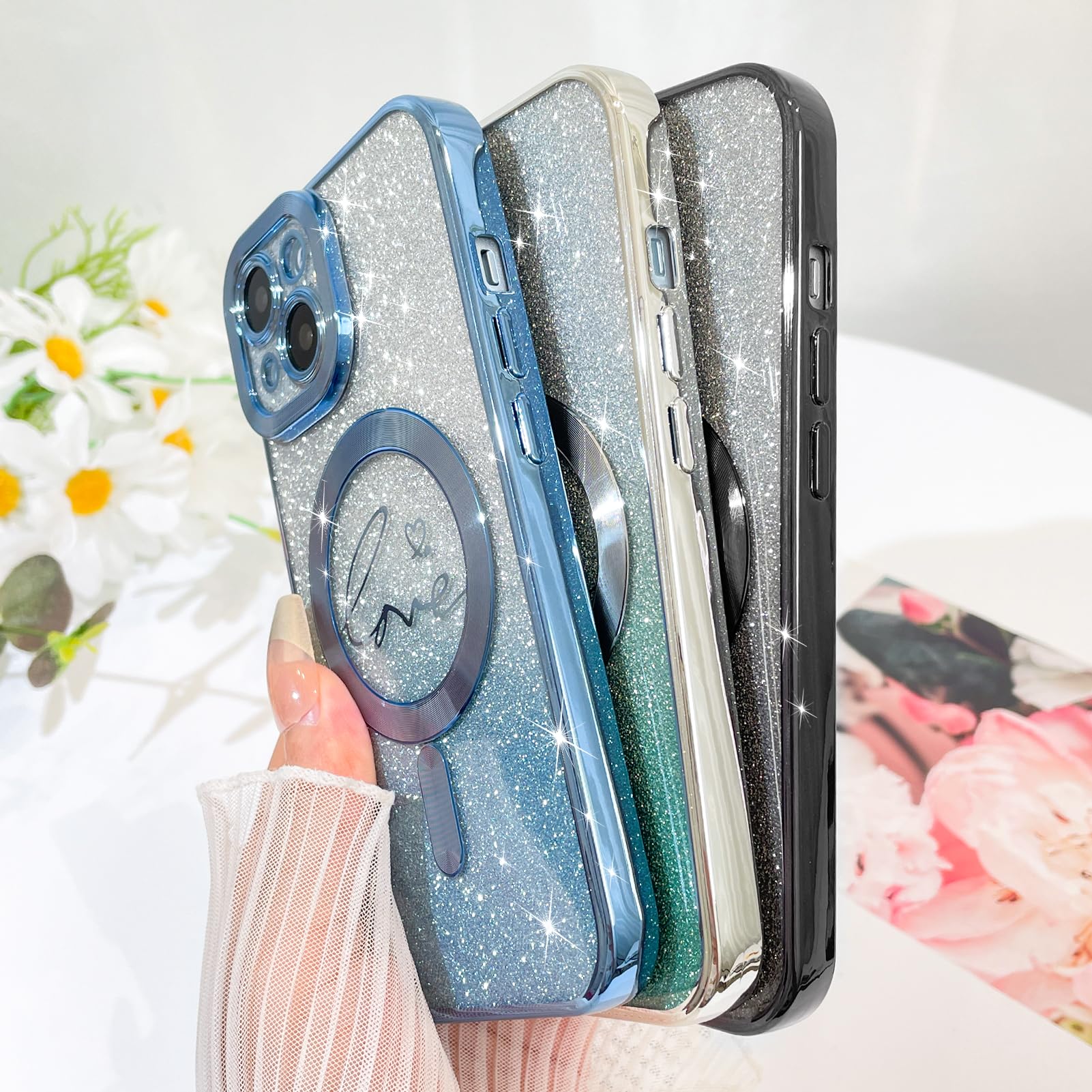 Fiyart Designed For Iphone 15 Plus Case,Compatible With Magsafe Love Heart Plating Camera Protection Clear Phone Case, Magnetic