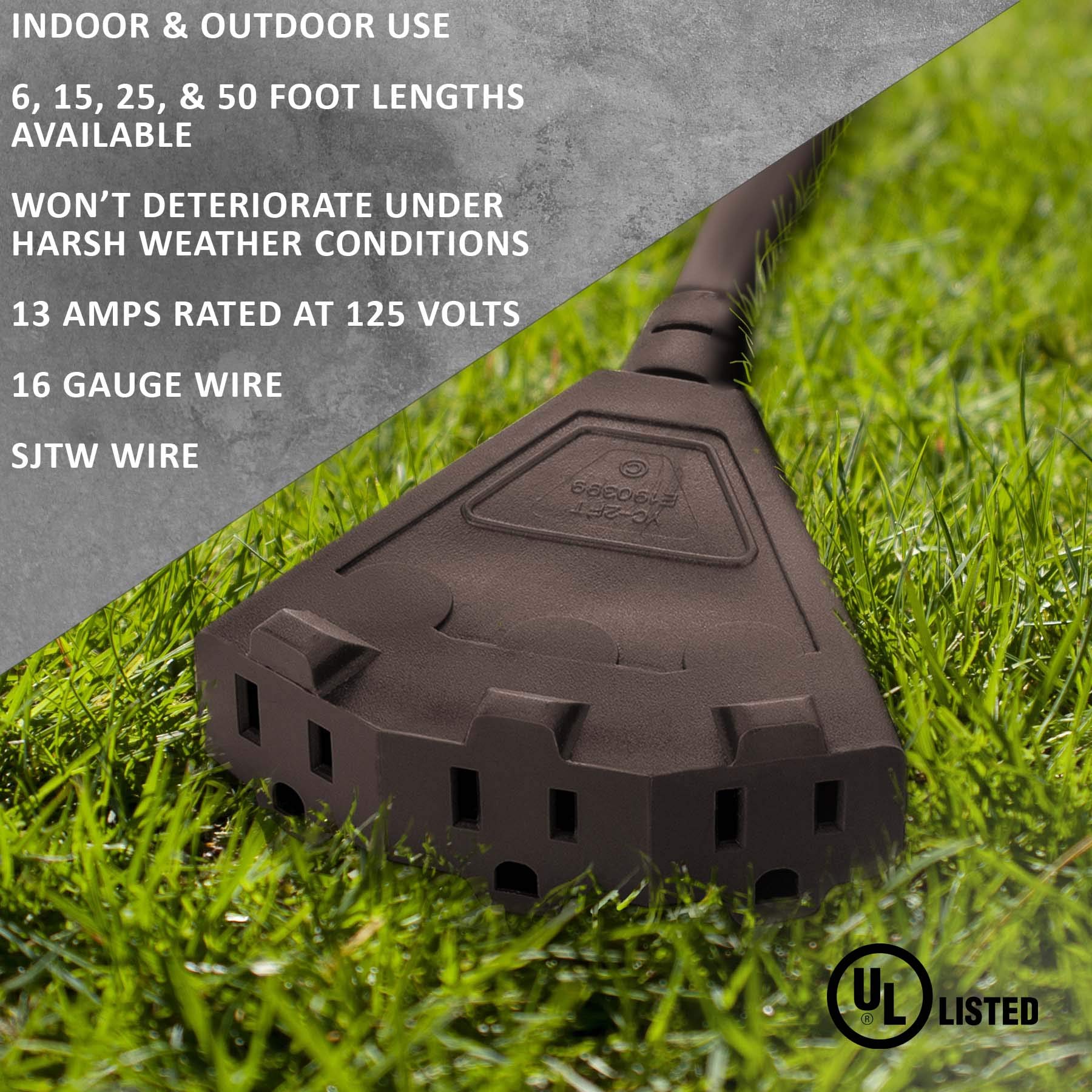 Holiday Lighting Outlet 50 Foot Brown Outdoor Extension Cord | 3 Prong Outdoor & Indoor Outlet Splitter | Perfect For Landscape