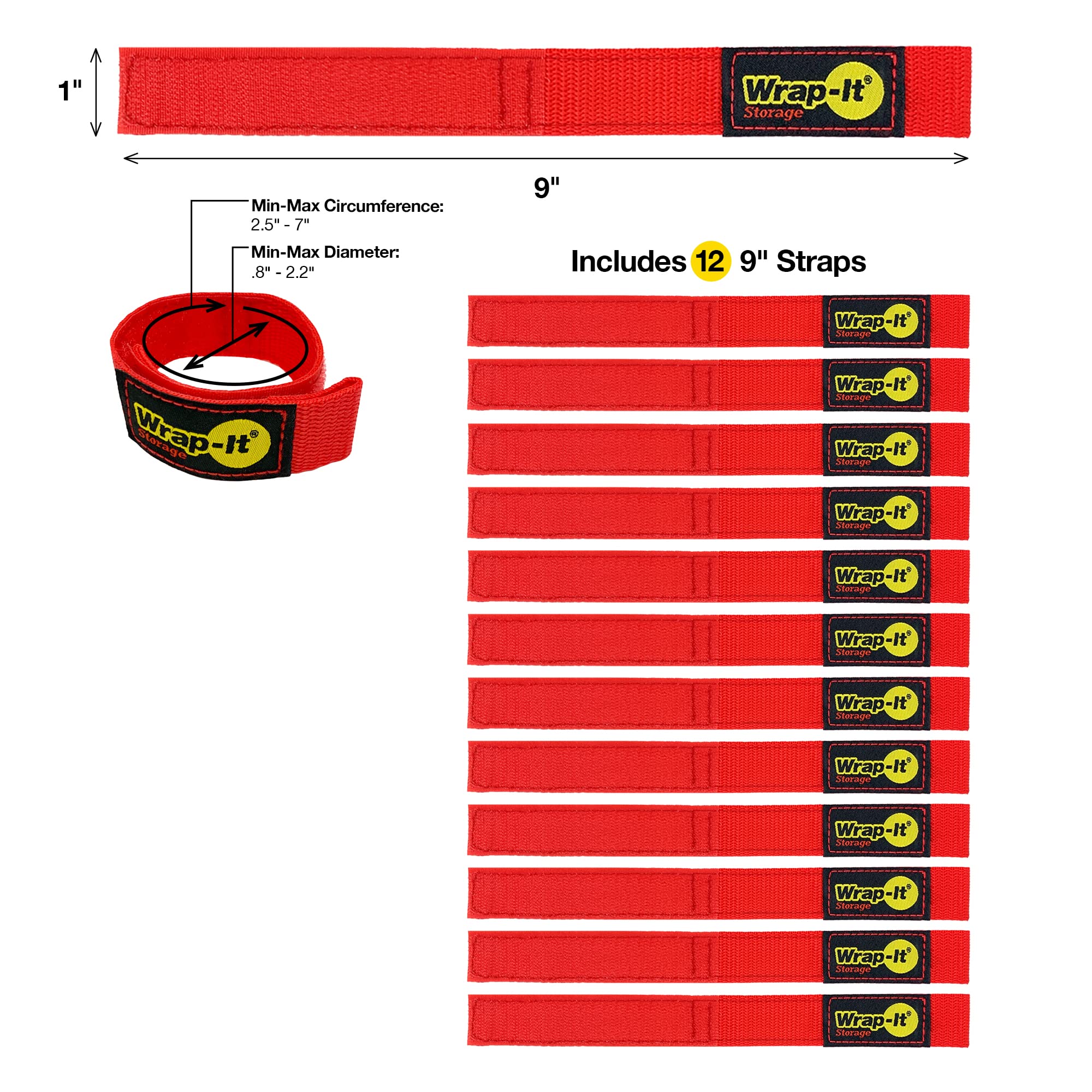 Wrap It Storage Quick Strap Cord Wraps, 9 Inch (12 Pack) Red   Hook And Loop Strap, Extension Cord Holder Gifts For Boat, Rope,