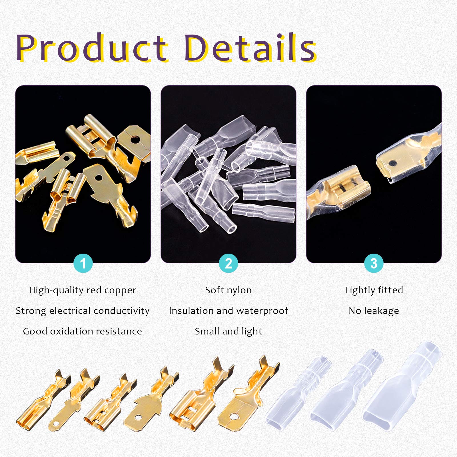 Swpeet 720Pcs Gold 2.8/4.8/6.3Mm Male And Female Spade Quick Connectors Wire Crimp Terminal Block With Insulating Sleeve Assortm