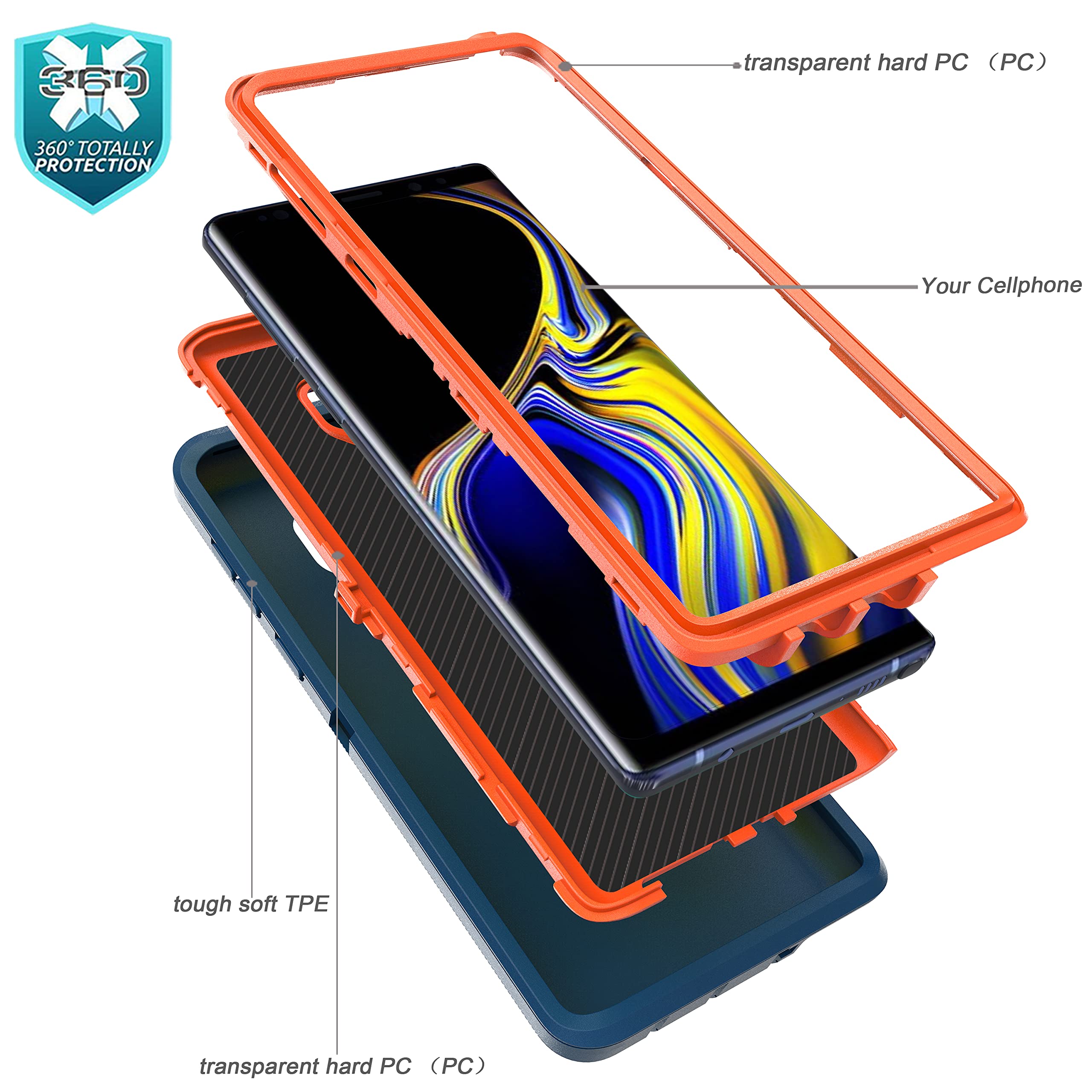 Ymhxcy 3 In 1 Heavy Duty Protection Case For Galaxy Note 9 6.4 Inch,With [ Flexible Tpu Film And Camera Lens Film] 2 Pack Shockp