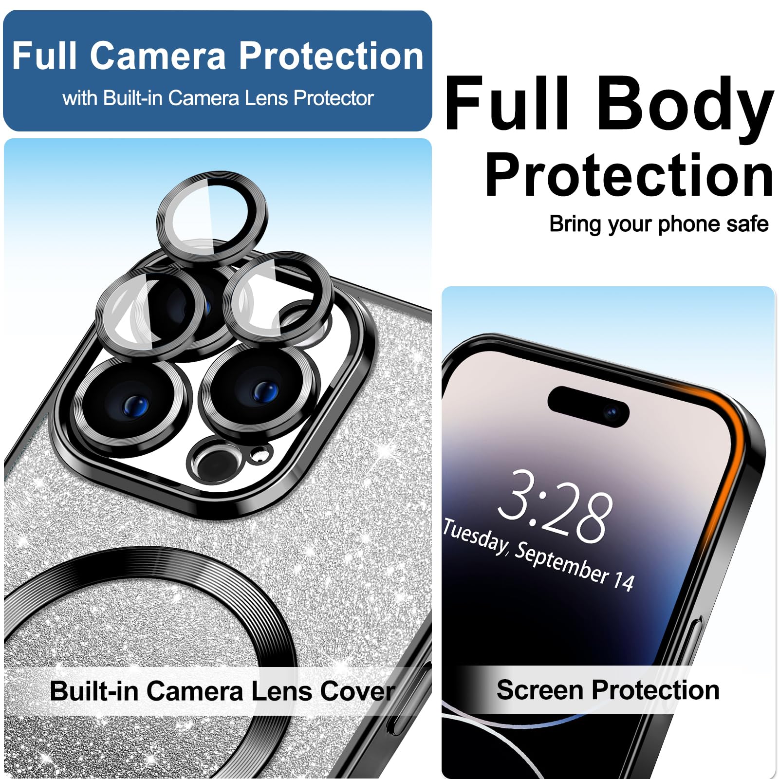Hython For Iphone 14 Pro Case Clear Magnetic Glitter Phone Cases [Compatible With Magsafe] Full Camera Lens Protector Slim Gradi