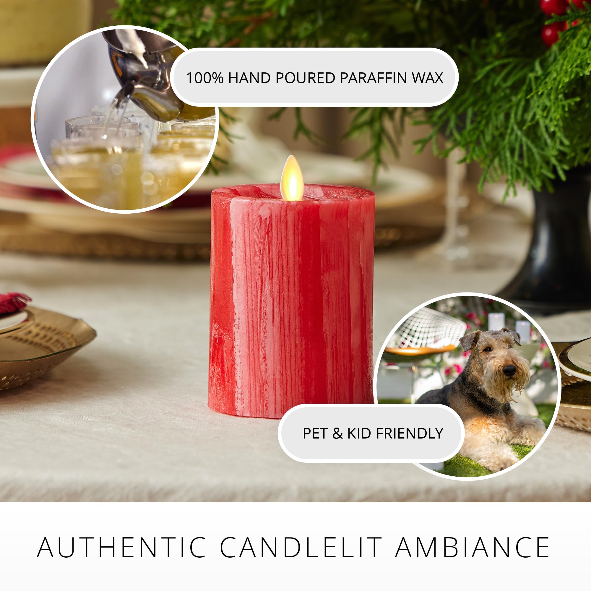 Luminara Selenite Looking Flameless Candle, Holiday Red 3'' X 4.5'', Battery Operated Real Wax Moving Flame Led Pillar W/Timer,