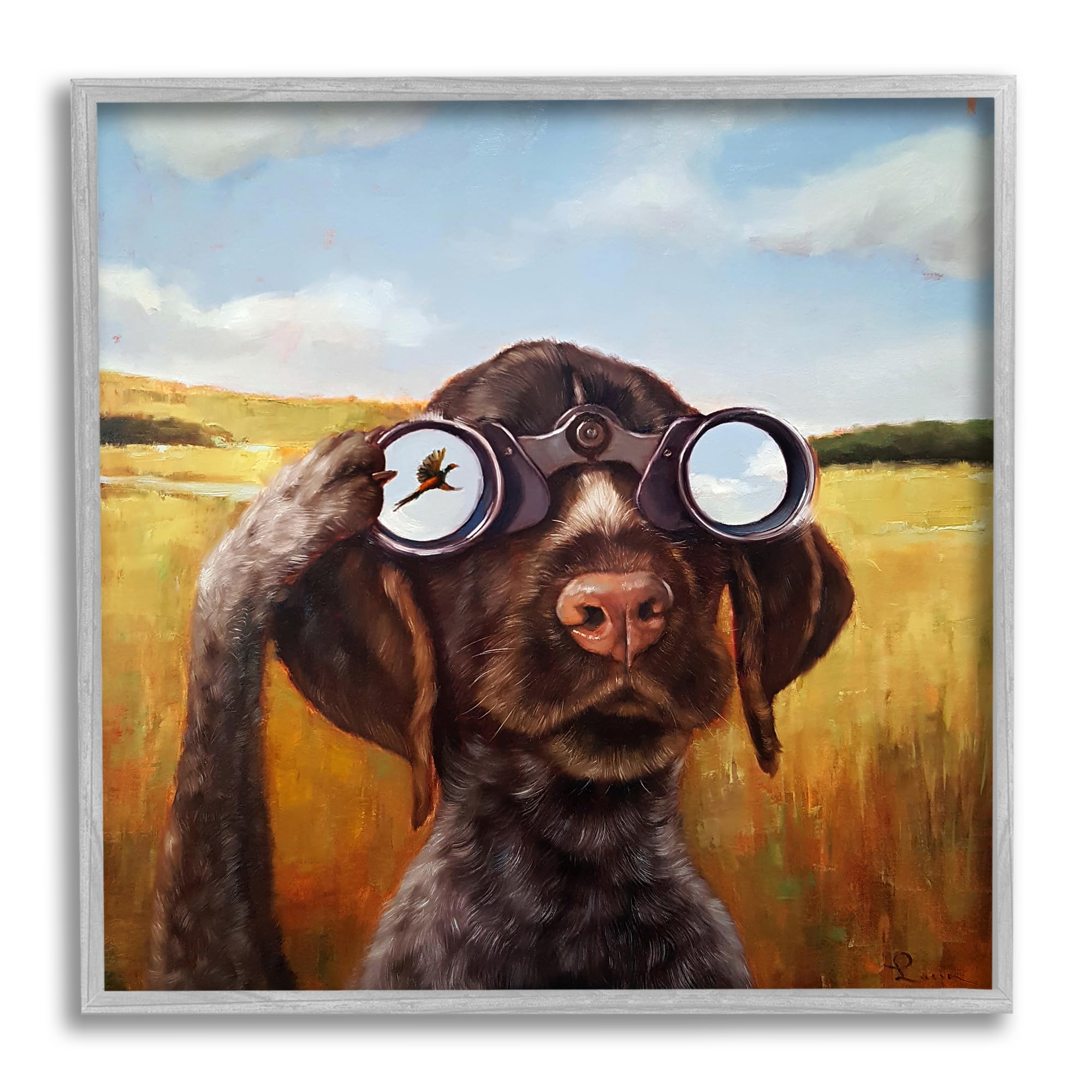 Stupell Industries Dog Watching Bird Binoculars Gray Framed Giclee Art Design by Lucia Heffernan