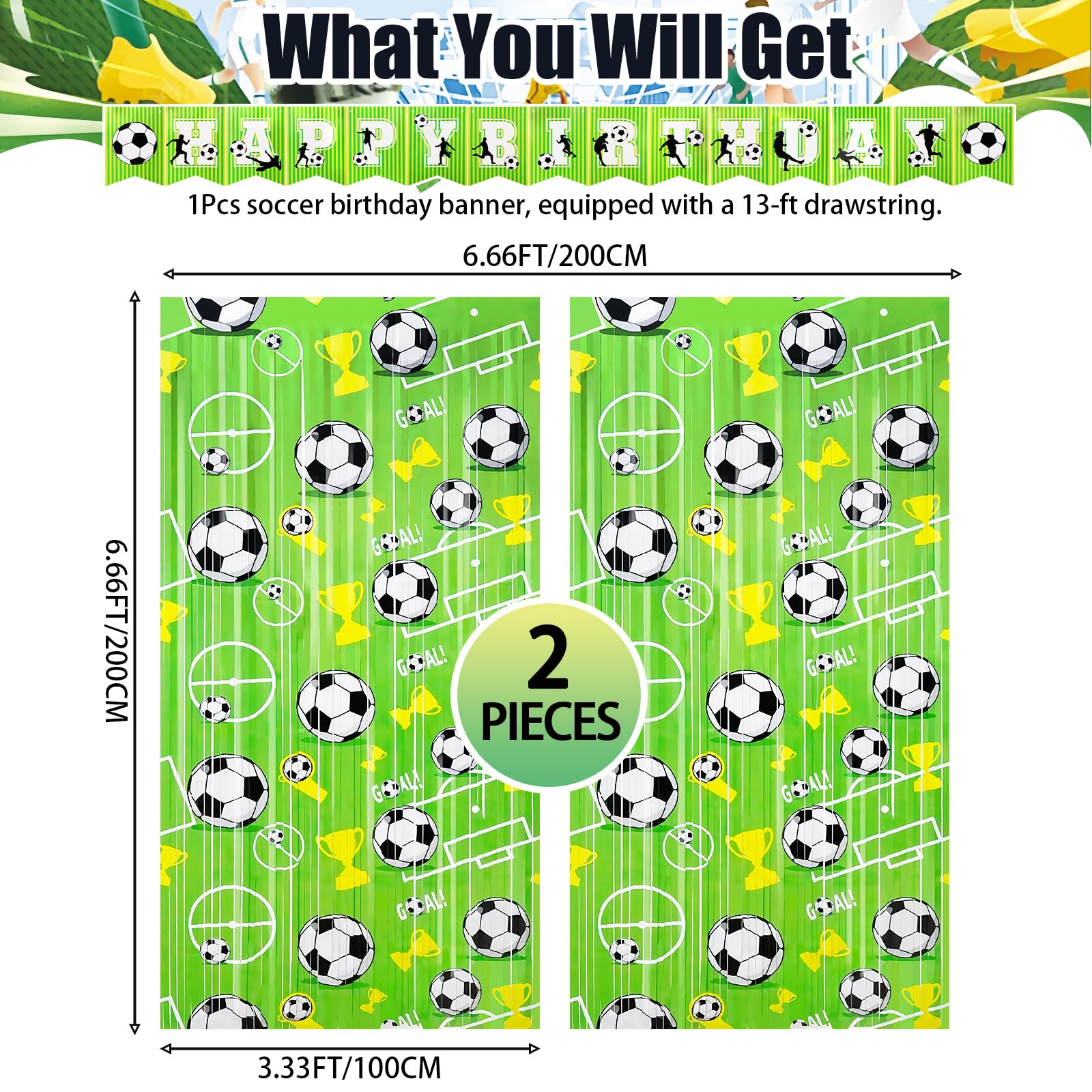 3 Pack Soccer Birthday Party Decorations With 2Pcs Green Metallic Tinsel Foil Fringe Curtains And 1Pcs Birthday Banner For Photo
