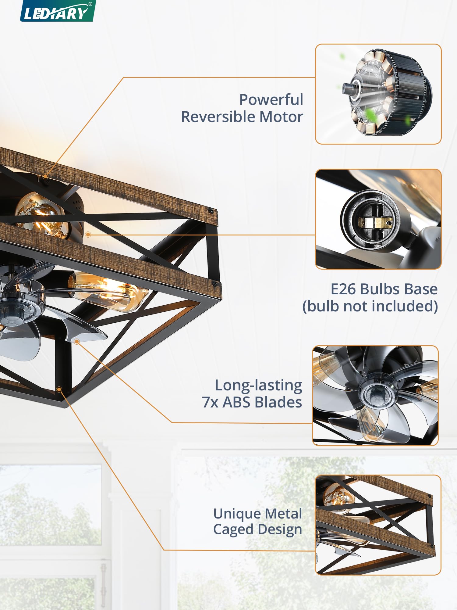 Lediary Caged Low Profile Ceiling Fans With Lights And Remote, Brushed Nickel Square Flush Mount Ceiling Fan, 6 Speed And Revers