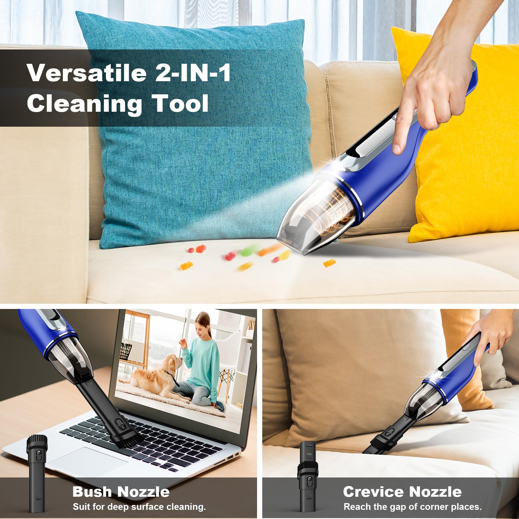 Drecell Handheld Vacuum Cordless, Car Vacuum With Brushless Motor & 14000Pa Suction, 1.2Lbs Lightweight, Led Light, Portable Sli