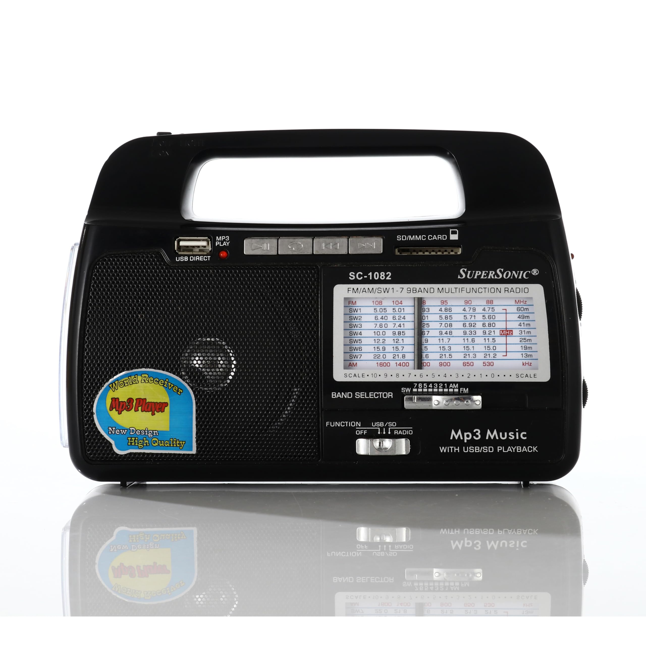Supersonic SC1082 9 Band AM/FM/SW 17 Portable Radio, High Sensitivity Receiver, Torch Light, Speaker, USB/SD Card Input, Recha