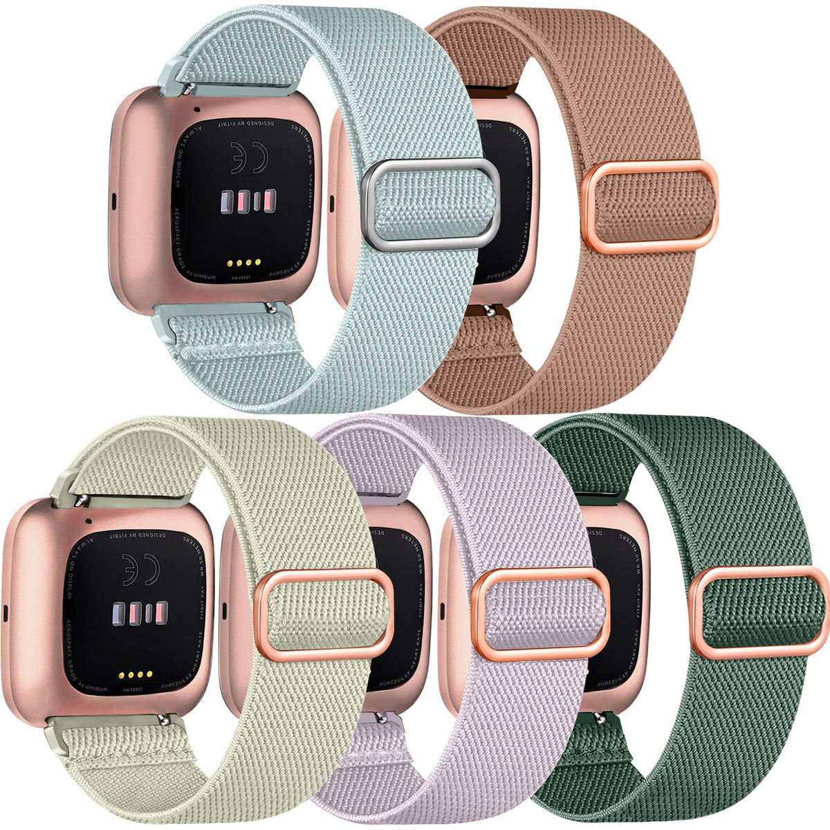 Chinber 5 Pack Bands Compatible With Fitbit Versa 2/3 Bands, Soft Adjustable Nylon Sport Band For Fitbit Versa Smart Watch Women
