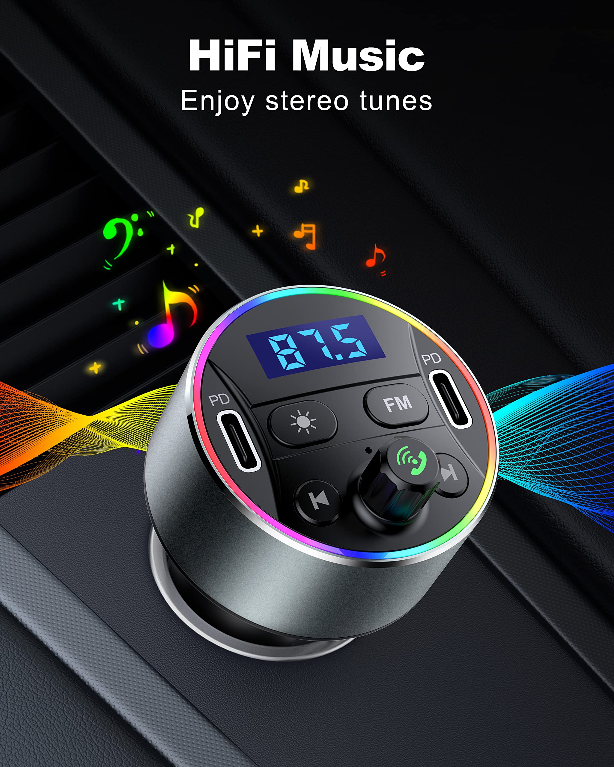 Dual Pd 40W Type C Usb Car Charger Bluetooth Car Adapter Bluetooth 5.3 Fm Transmitter For Car With Microphone & Hifi Sound Mp3 M
