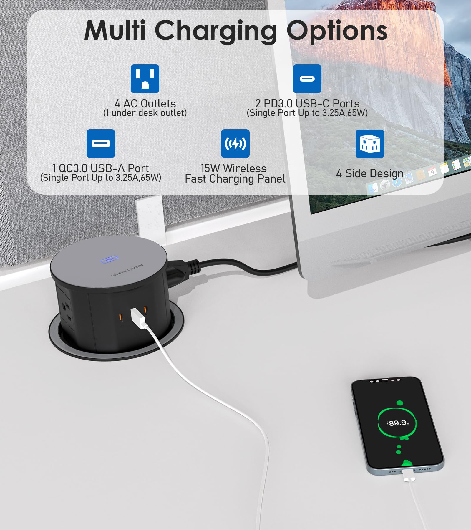 Annquan 4.75'' Pop Up Outlet With 65W Usb C,15W Wireless Charger,4 Outlets,3 Usb Ports,Pop Up Countertop Receptacle Outlet For H