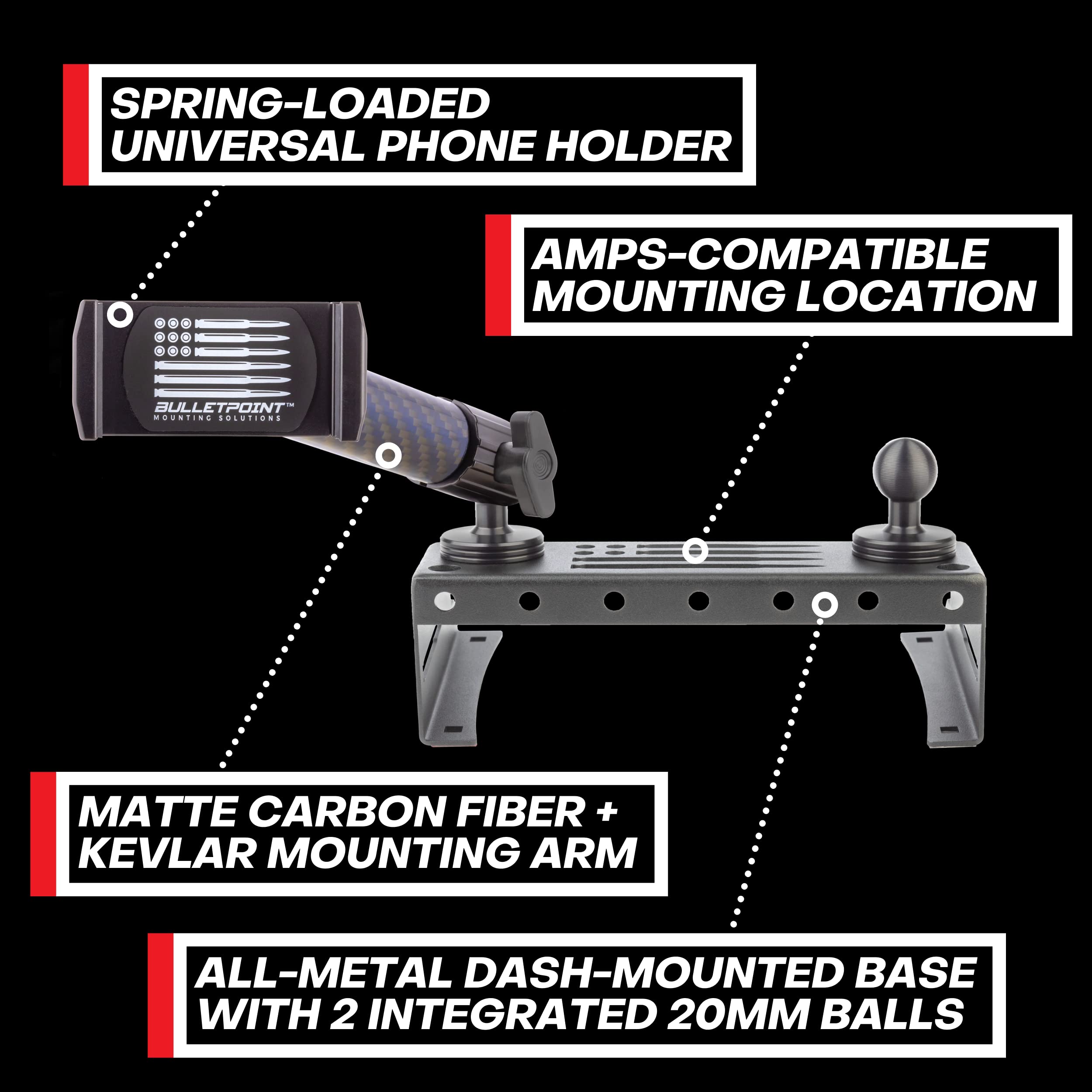 Bulletpoint Metal Dash Mount Phone Holder Compatible With 2015-2020 Ford F150 & 2017-2022 F250/F350 Super Duty - Dual 20Mm Ball