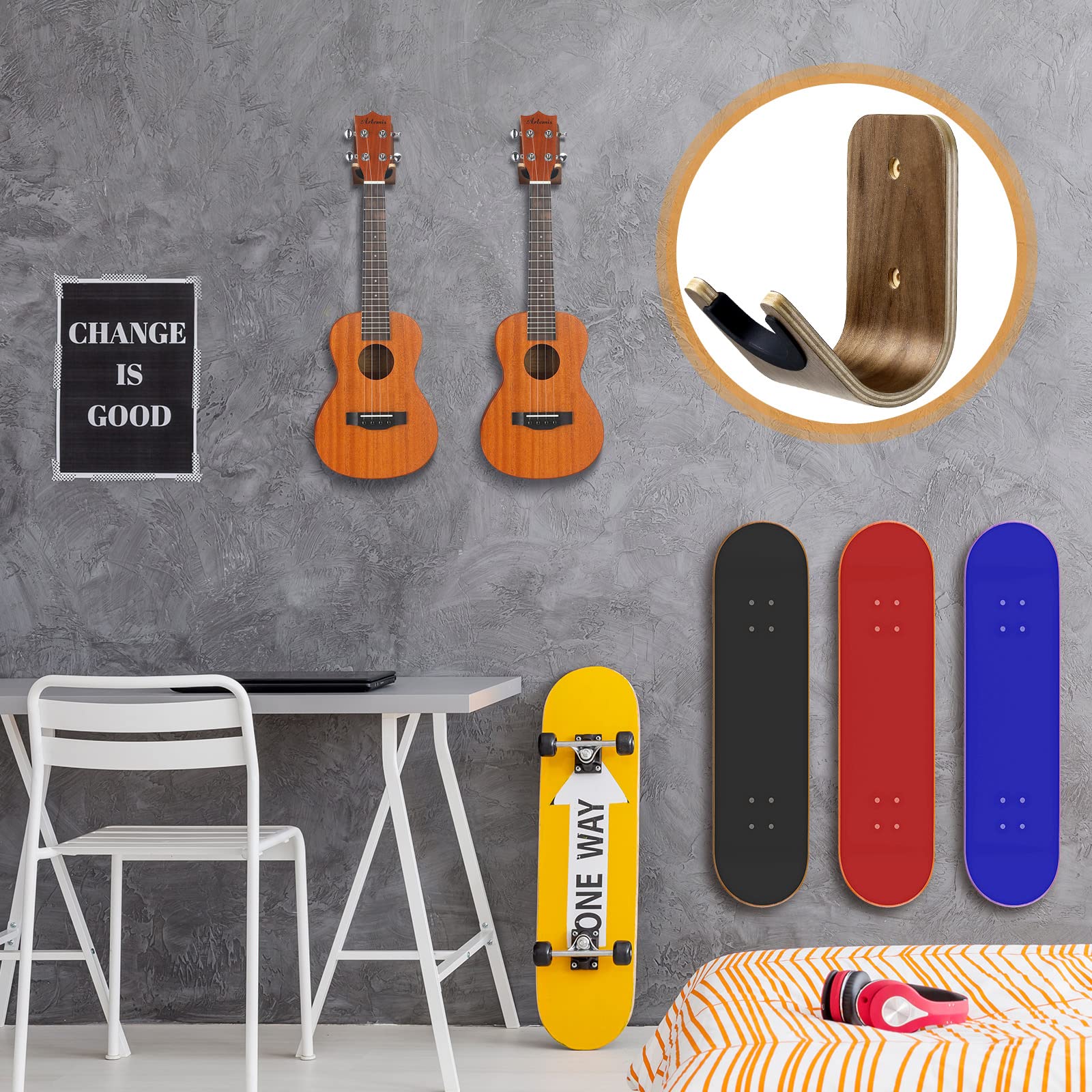 Guitar Wall Mount Holder Guitar Hanger With Pick Slot Skateboard Rack Modern Design Guitar Hook Ukulele Stand Wooden Violin Disp