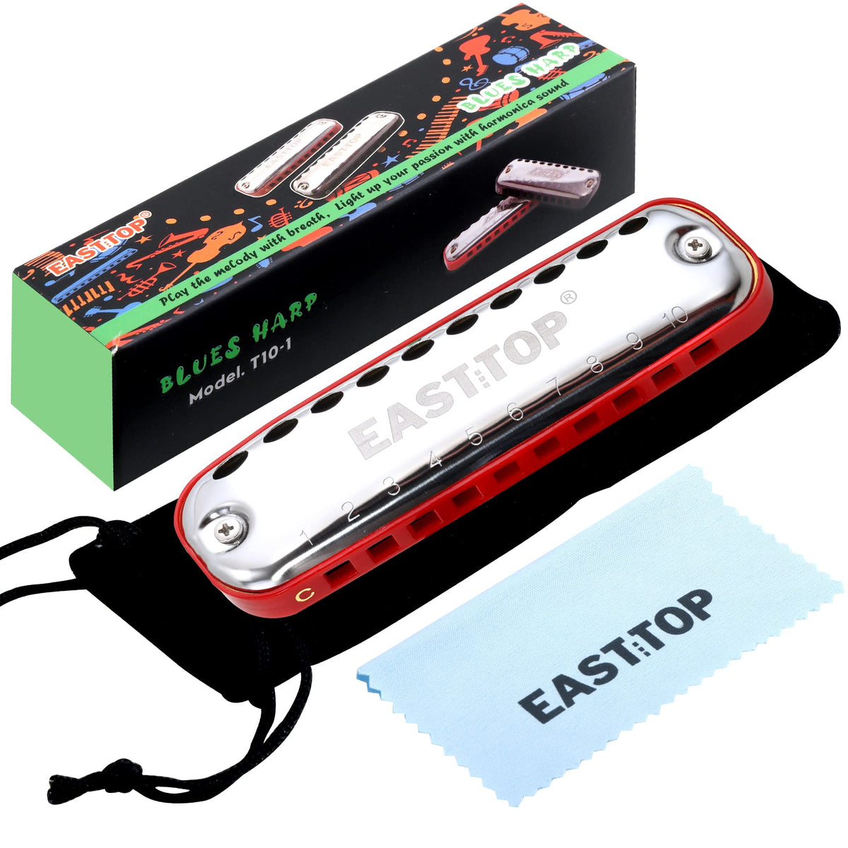 East Top Junior Blues Harmonica, 10 Holes C Key Diatonic Harmonica Mouth Organ For Beginner,Kids,Children,Students,Gift,With Smo