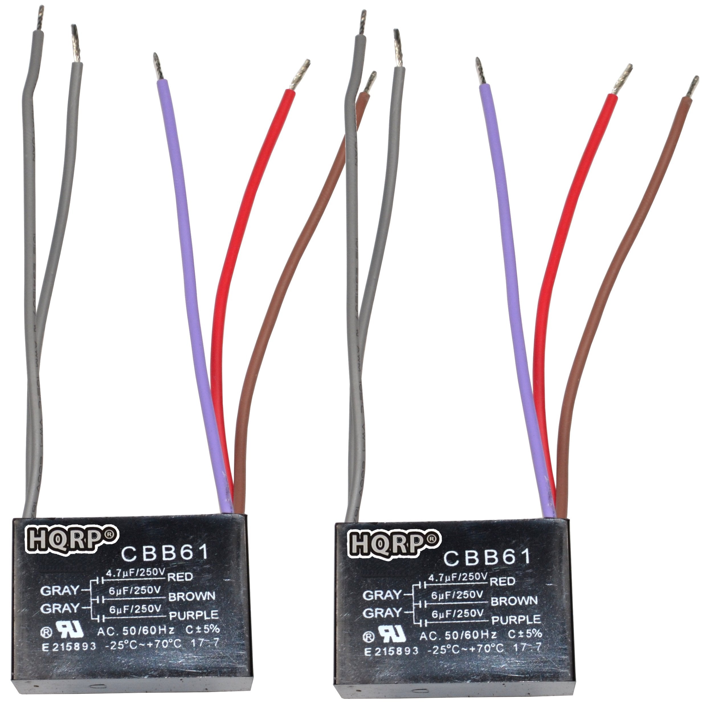 Hqrp 2 Pack Ceiling Fan Capacitor Cbb61 4.7Uf+6Uf+6Uf 5 Wire Ul Listed